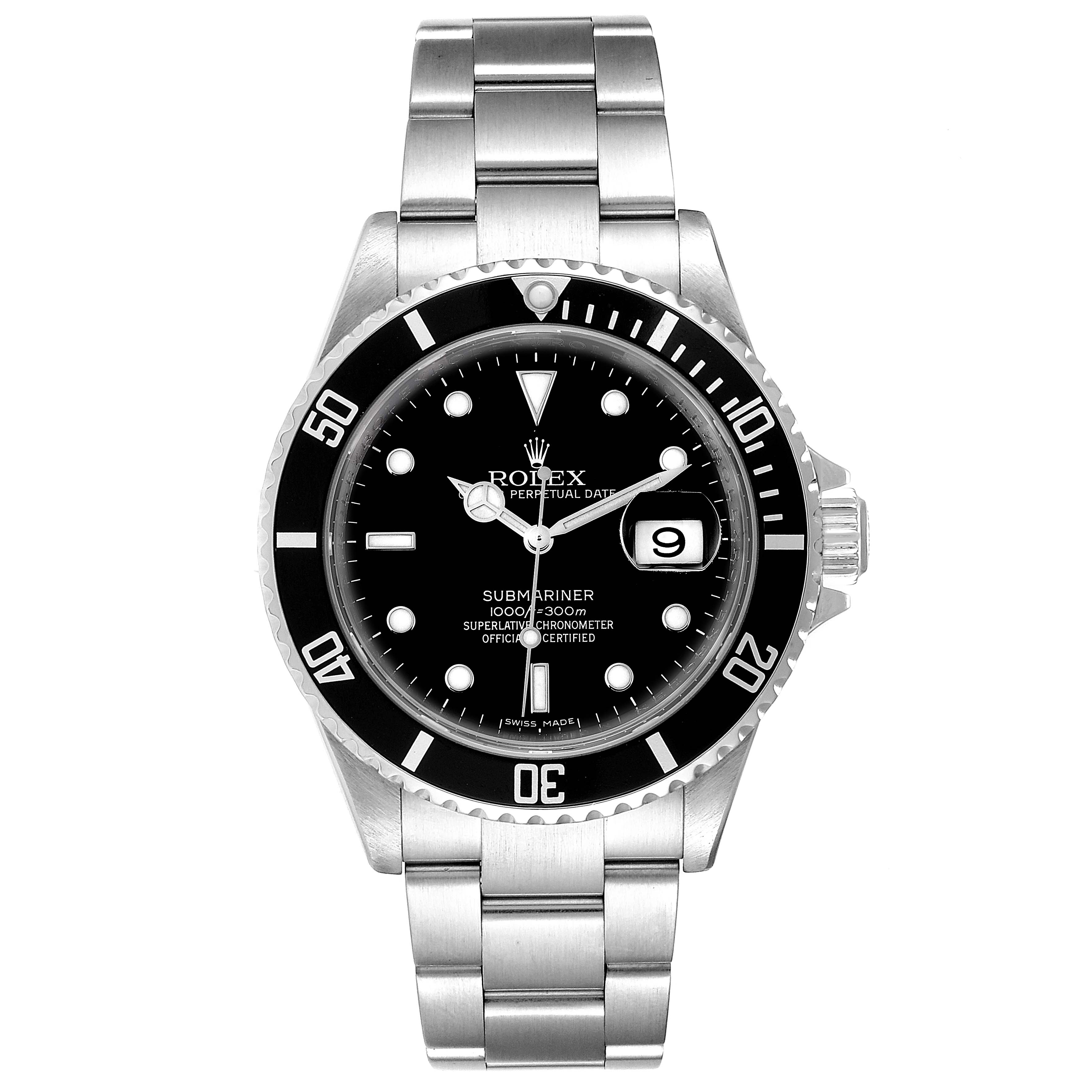 This image shows a front view of a Rolex Submariner 16610 Men
s Stainless Steel Black Dial 16610 Men
s Stainless Steel Black Dial watch, highlighting its black dial, bezel, and metal bracelet.