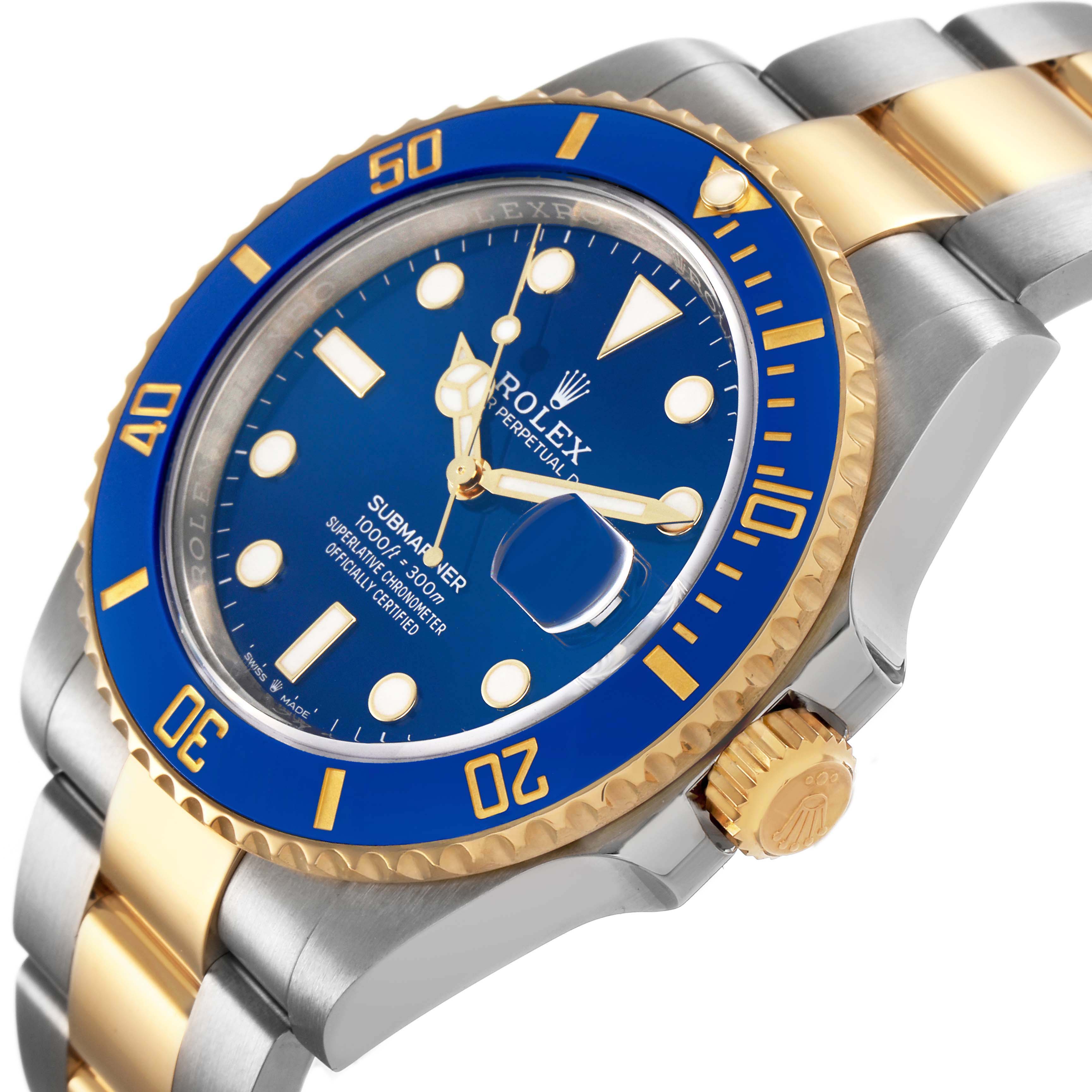 The Rolex Submariner 126613 Men's Steel and Gold (two tone) Blue Dial watch is shown at an angled view, highlighting the blue dial, bezel, and two-tone bracelet.