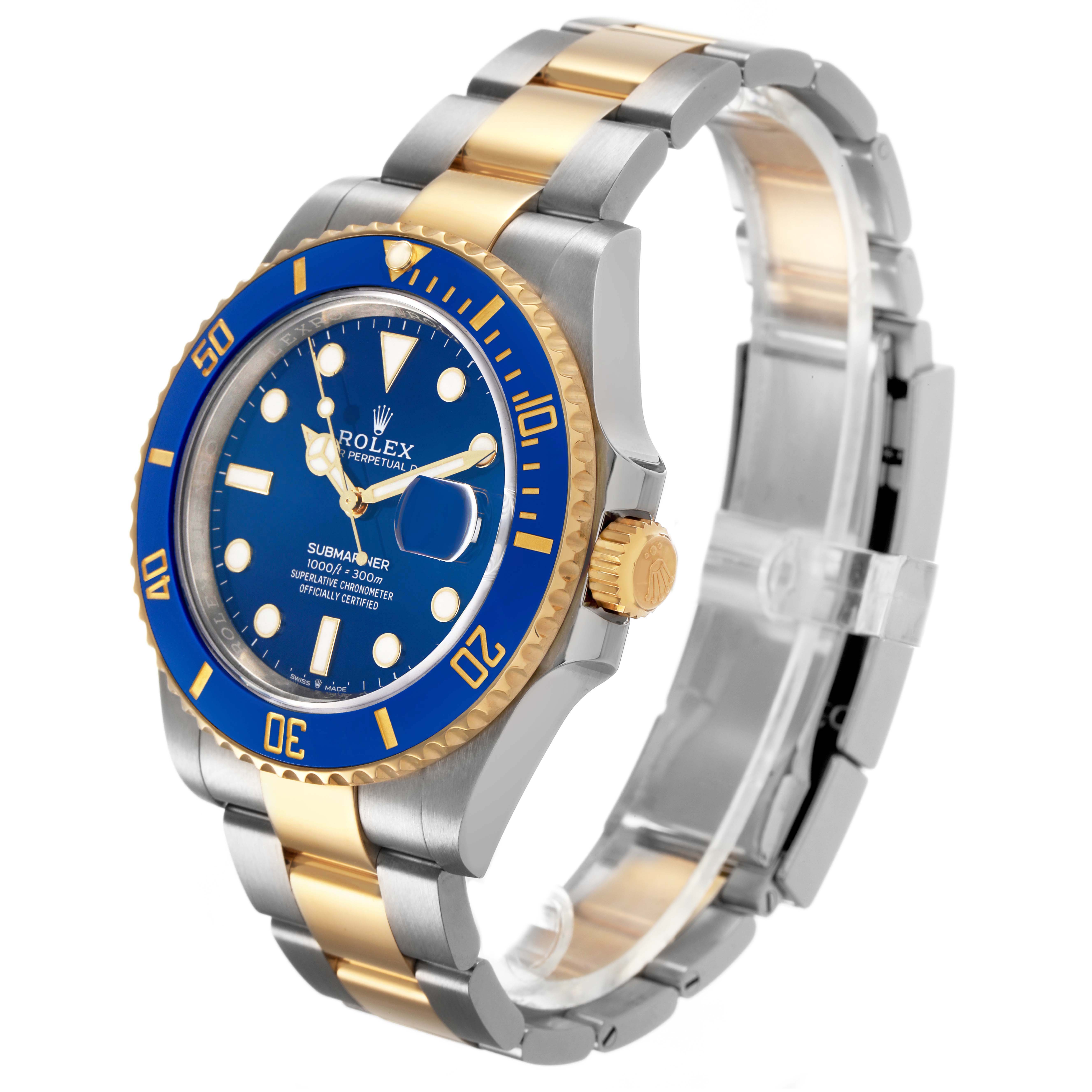 The Rolex Submariner 126613 Men's Steel and Gold (two tone) Blue Dial watch is shown at a front angled view, highlighting the face, bezel, and bracelet.