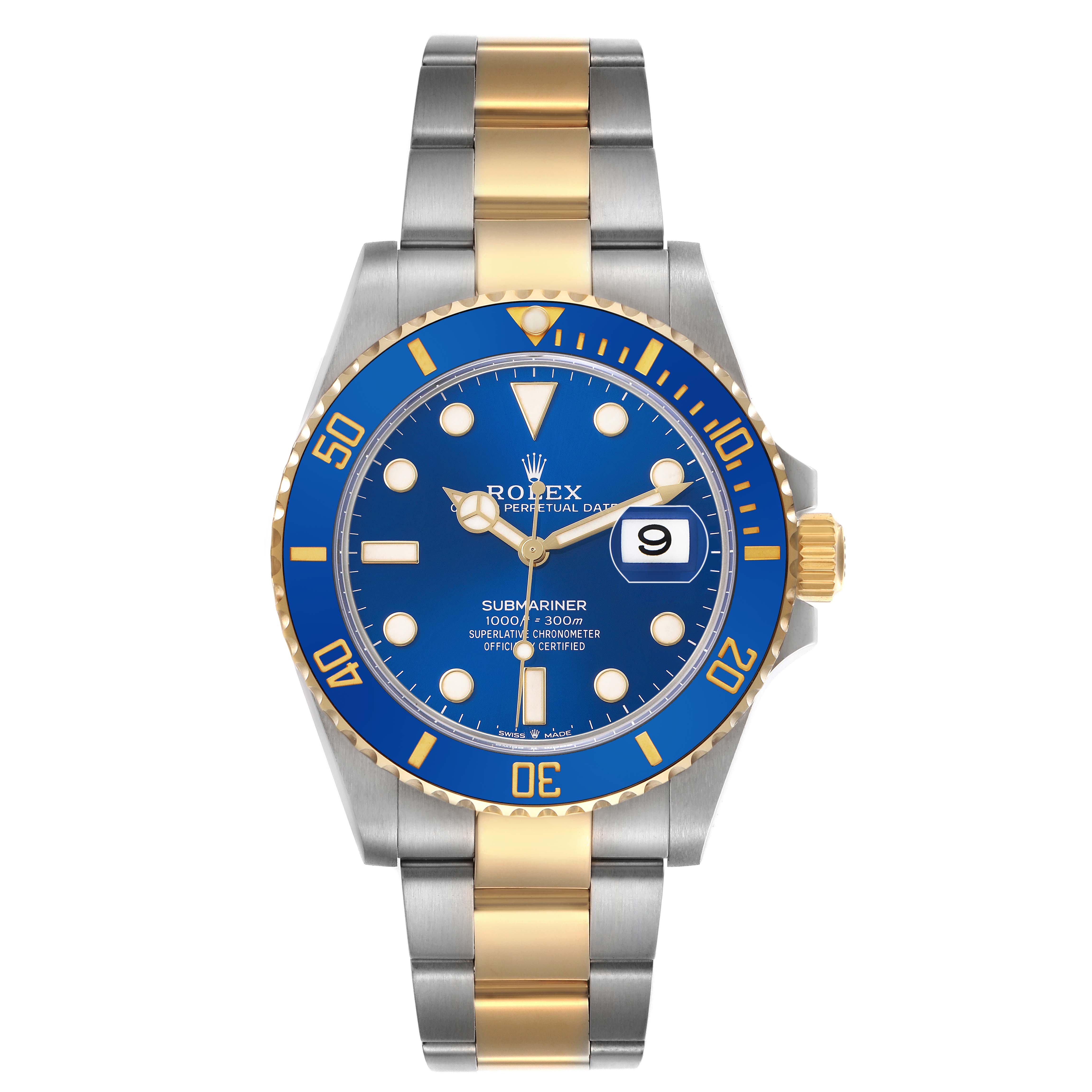 The Rolex Submariner 126613 Men's Steel and Gold (two tone) Blue Dial watch is shown front-facing, displaying the dial, bezel, crown, and bracelet clearly.