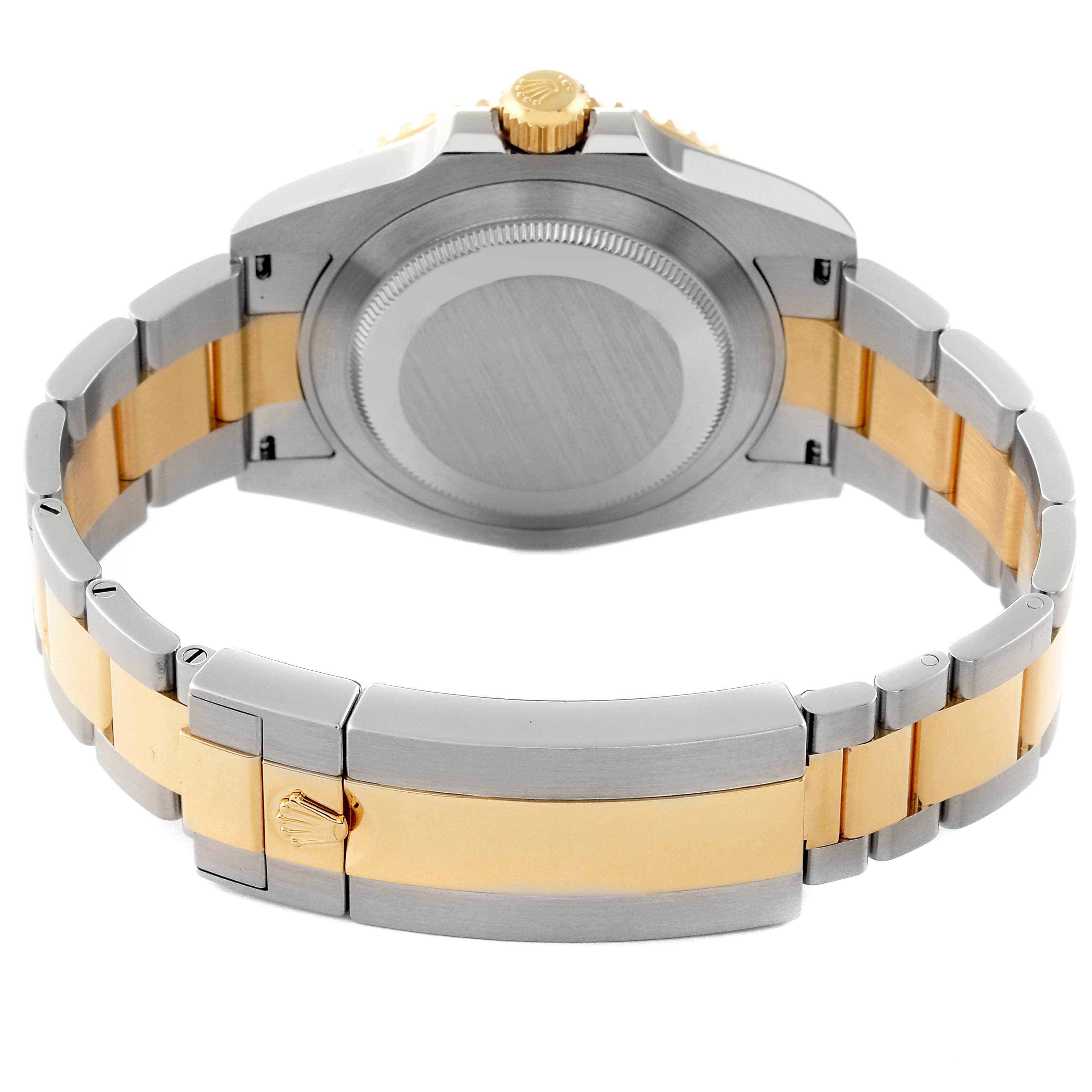 This image shows the back of a Rolex Submariner 126613 Men's Steel and Gold (two tone) Blue Dial 126613 Men's Steel and Gold (two tone) Blue Dial watch, highlighting its bracelet and case back in a two-tone design.