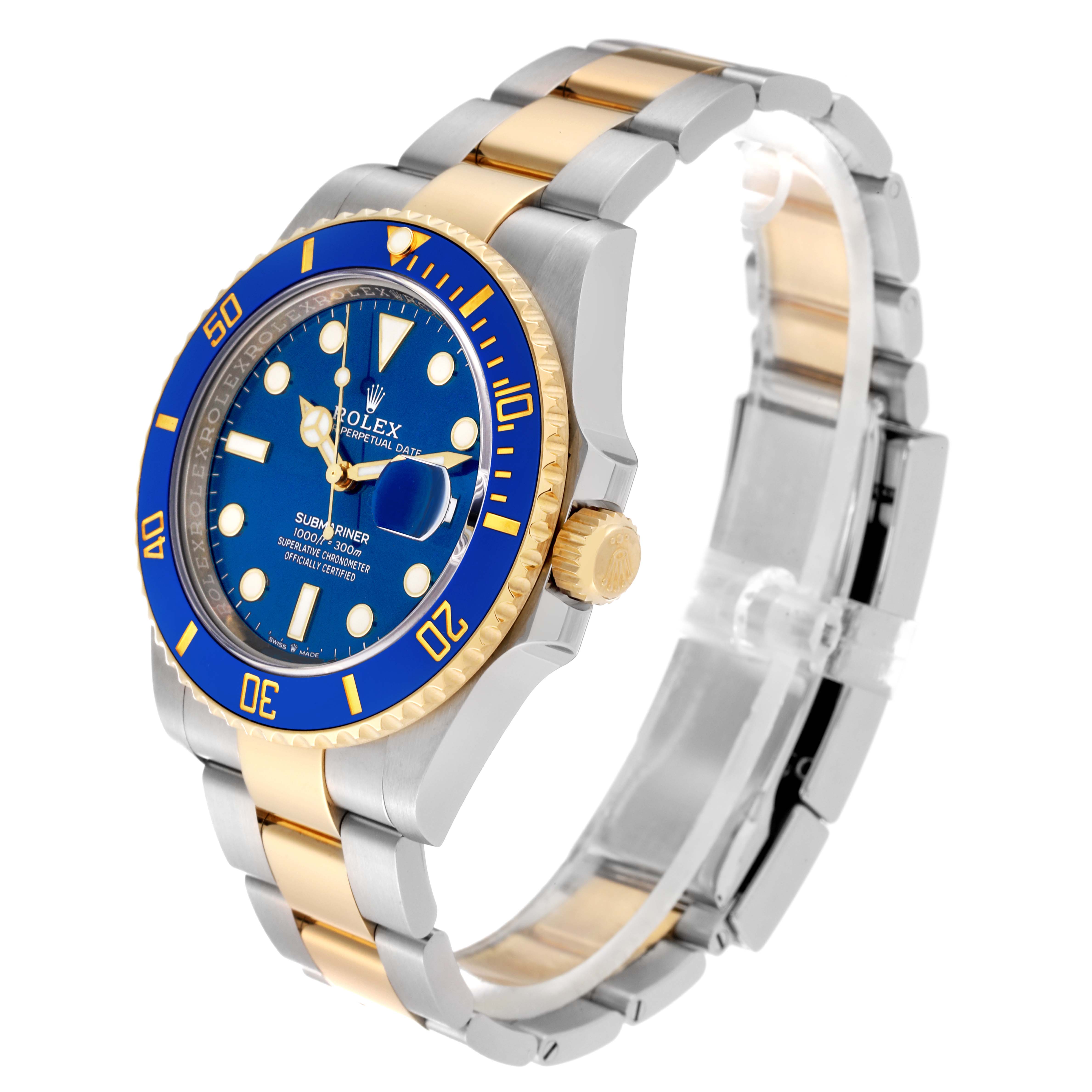 This image shows a Rolex Submariner 126613 Men's Steel and Gold (two tone) Blue Dial 126613 Men's Steel and Gold (two tone) Blue Dial watch at a three-quarter angle, highlighting its blue dial, golden bezel, and two-tone bracelet.