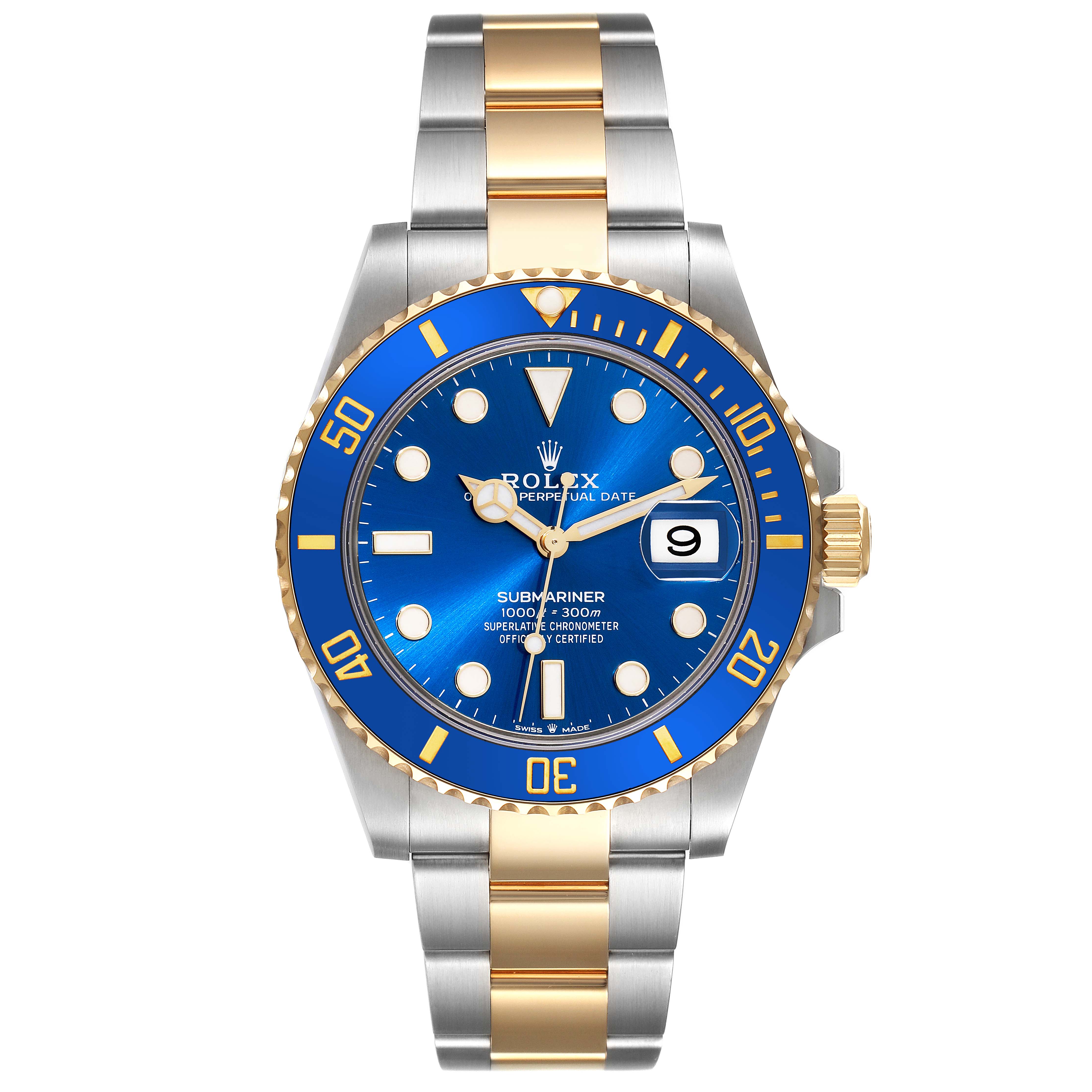 The image shows a front view of the Rolex Submariner 126613 Men's Steel and Gold (two tone) Blue Dial 126613 Men's Steel and Gold (two tone) Blue Dial watch, displaying its blue dial, bezel, and two-tone bracelet.