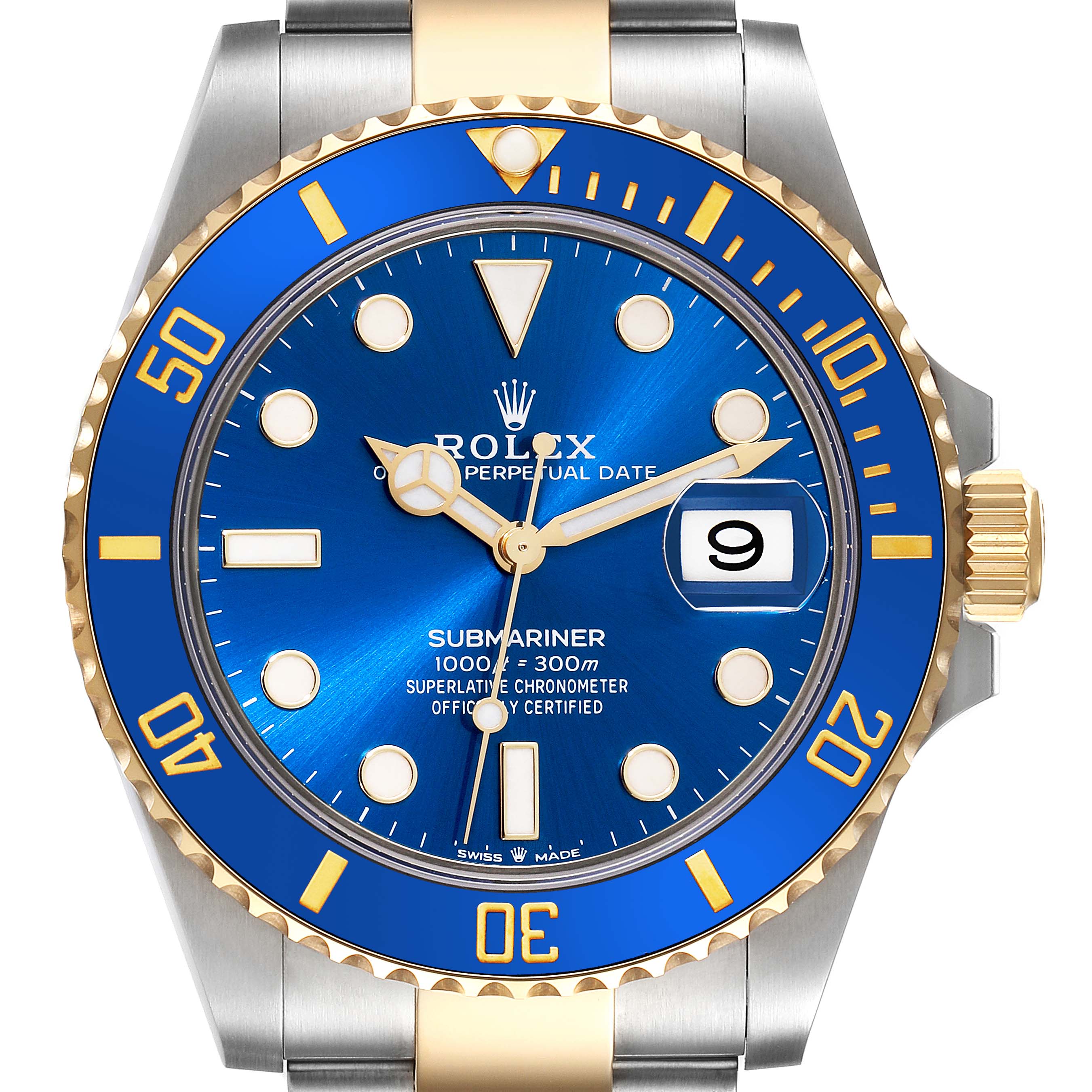 The Rolex Submariner 126613 Men's Steel and Gold (two tone) Blue Dial 126613 Men's Steel and Gold (two tone) Blue Dial watch is shown from the front, highlighting its blue dial, bezel, and two-tone bracelet.