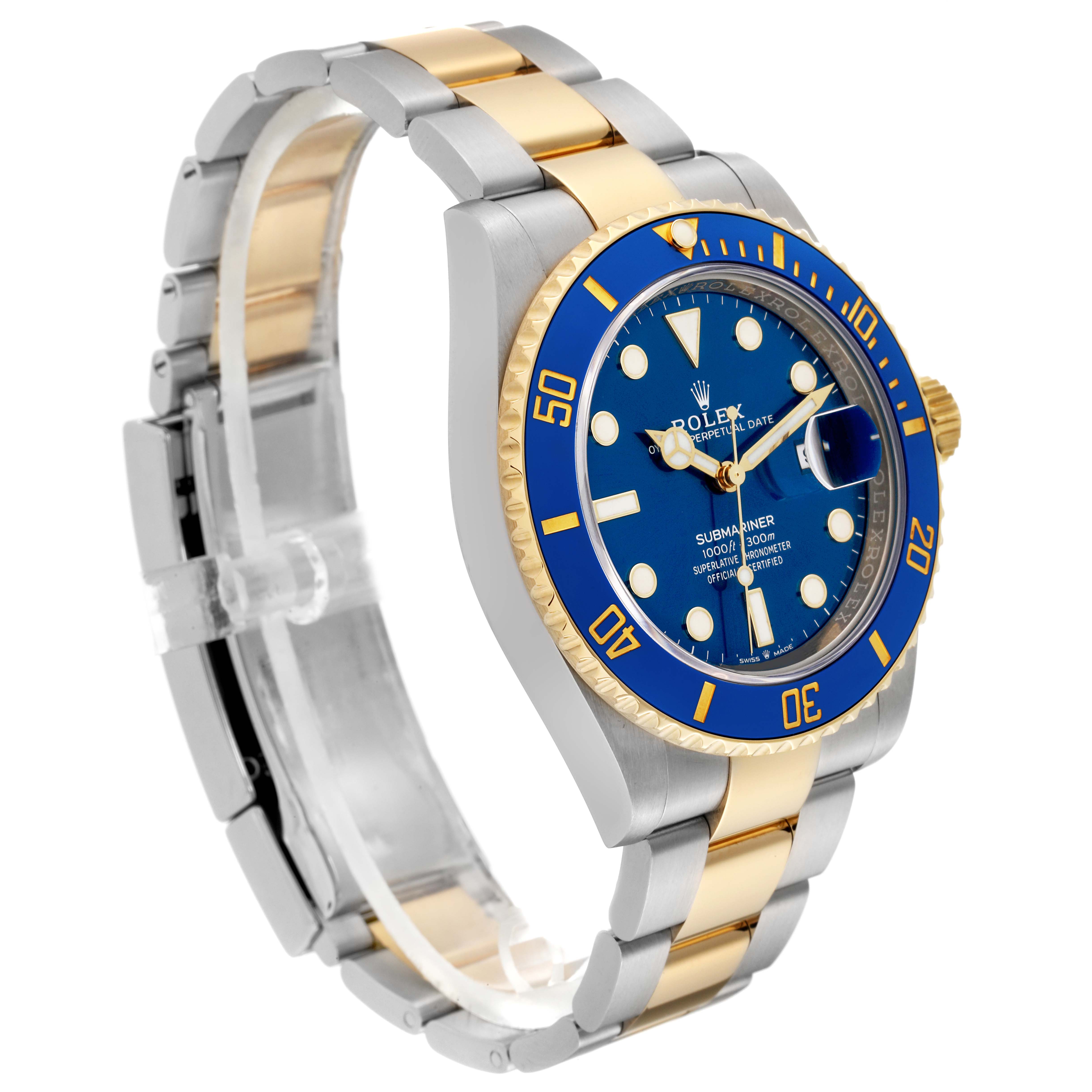 This Rolex Submariner 126613 Men's Steel and Gold (two tone) Blue Dial 126613 Men's Steel and Gold (two tone) Blue Dial watch is shown at a slight angle displaying the face, bezel, crown, and part of the bracelet.