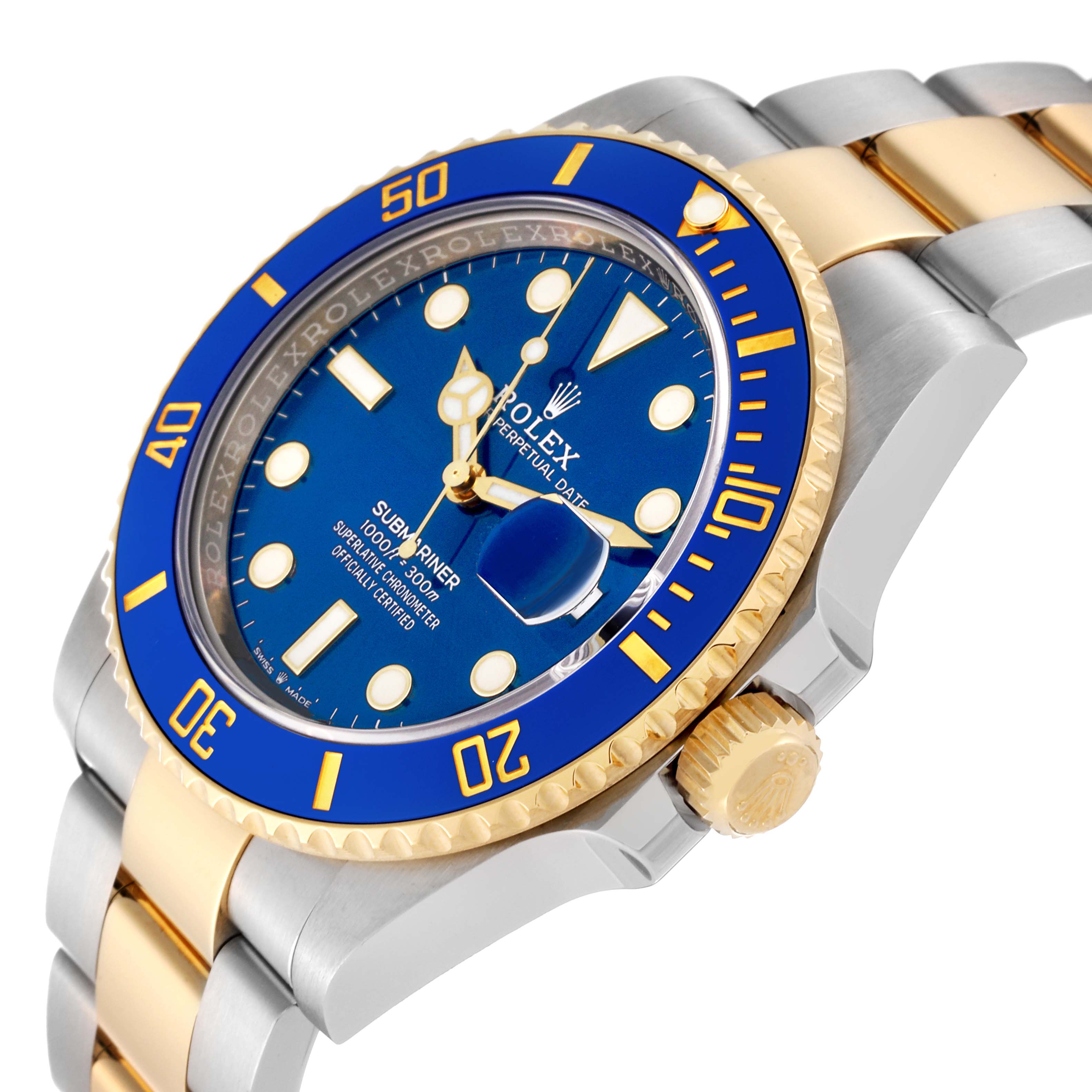 The image shows a side angle of the Rolex Submariner 126613 Men's Steel and Gold (two tone) Blue Dial 126613 Men's Steel and Gold (two tone) Blue Dial watch, highlighting its blue dial, bezel, and two-tone metal bracelet.