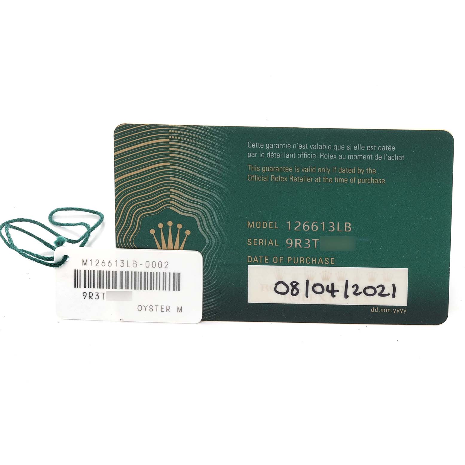 The image shows the warranty card and tag for a Rolex Submariner 126613 Men's Steel and Gold (two tone) Blue Dial 126613 Men's Steel and Gold (two tone) Blue Dial model 126613LB.