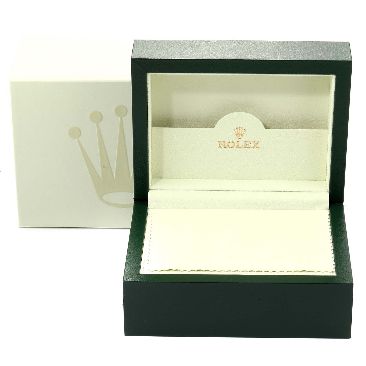 This image shows an open Rolex Submariner 16613 Men's Steel and Gold (two tone) Black Dial 16613 Men's Steel and Gold (two tone) Black Dial watch box, displaying the interior cushioning and the outer packaging.