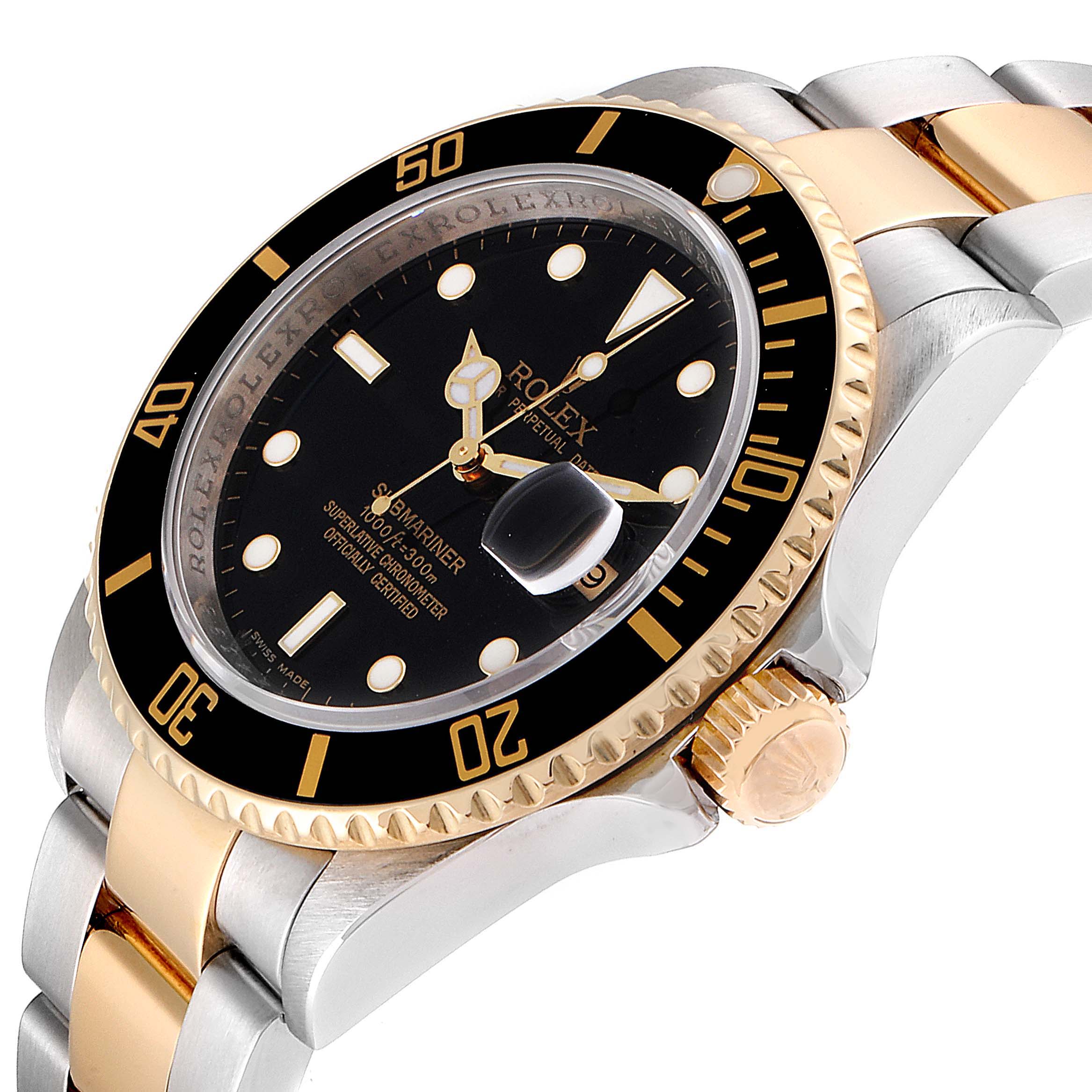 This image shows a close-up angled view of the Rolex Submariner 16613 Men's Steel and Gold (two tone) Black Dial 16613 Men's Steel and Gold (two tone) Black Dial watch, highlighting the black dial, bezel, crown, and two-tone bracelet.