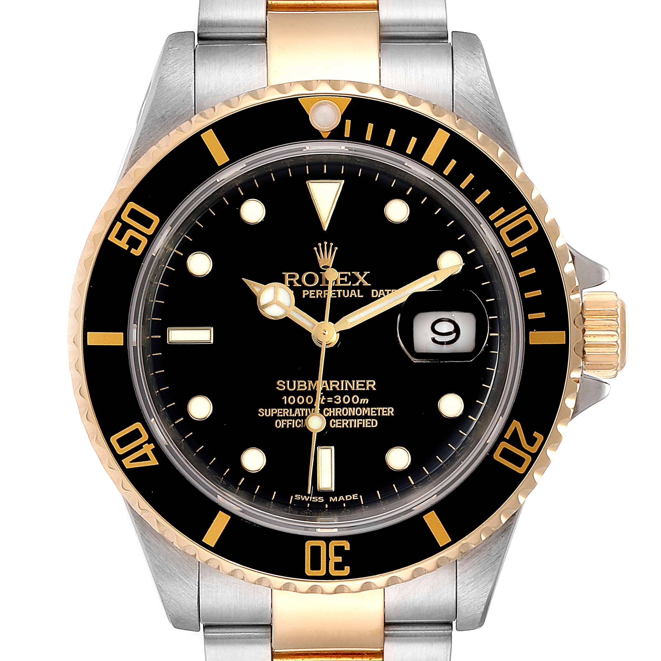 The Rolex Submariner 16613 Men's Steel and Gold (two tone) Black Dial 16613 Men's Steel and Gold (two tone) Black Dial watch is shown from a front angle, displaying its dial, bezel, and part of the bracelet.