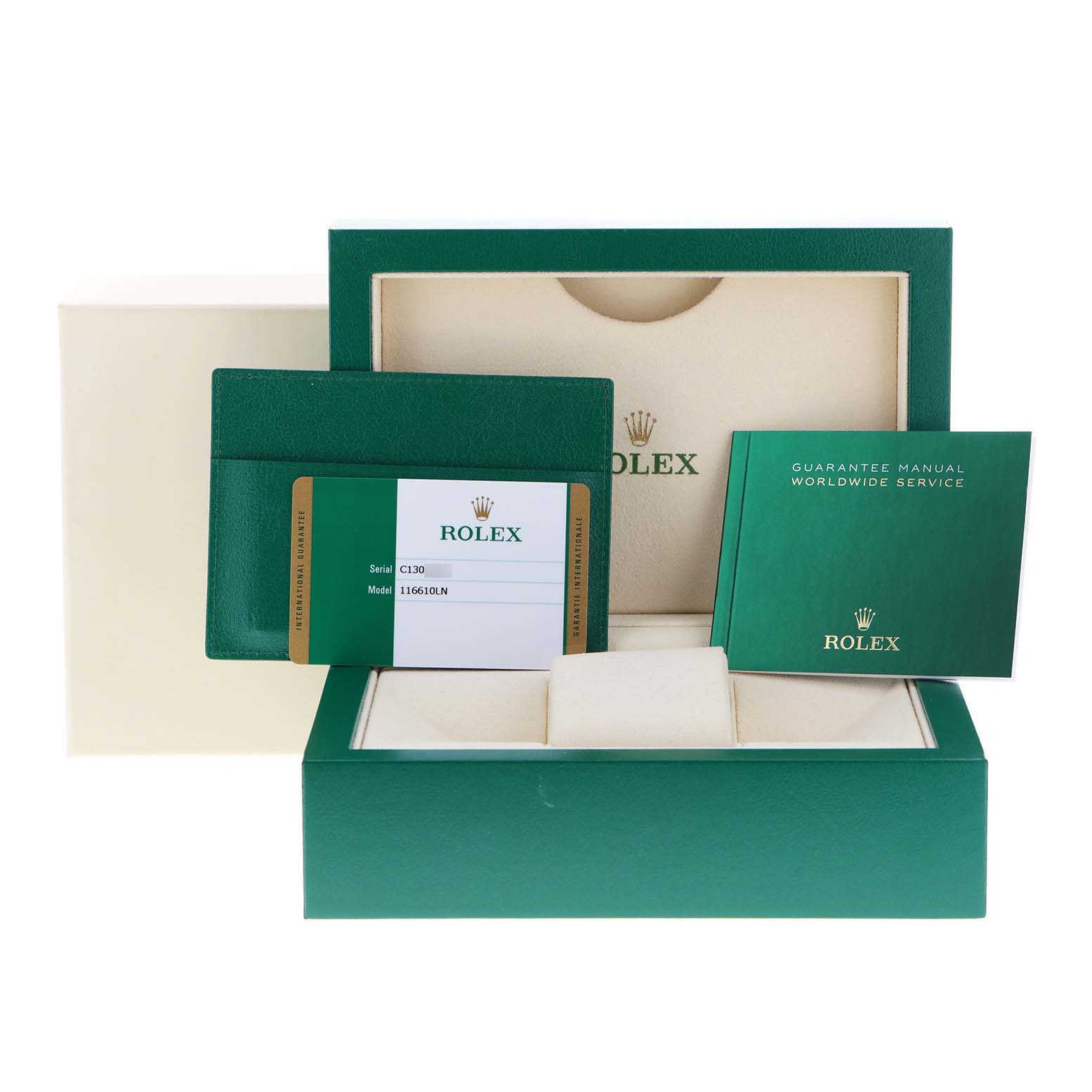 The image shows the packaging, warranty card, and manual for the Rolex Submariner 116610LN Men
s Stainless Steel Black Dial 116610LN Men
s Stainless Steel Black Dial model without the watch itself.