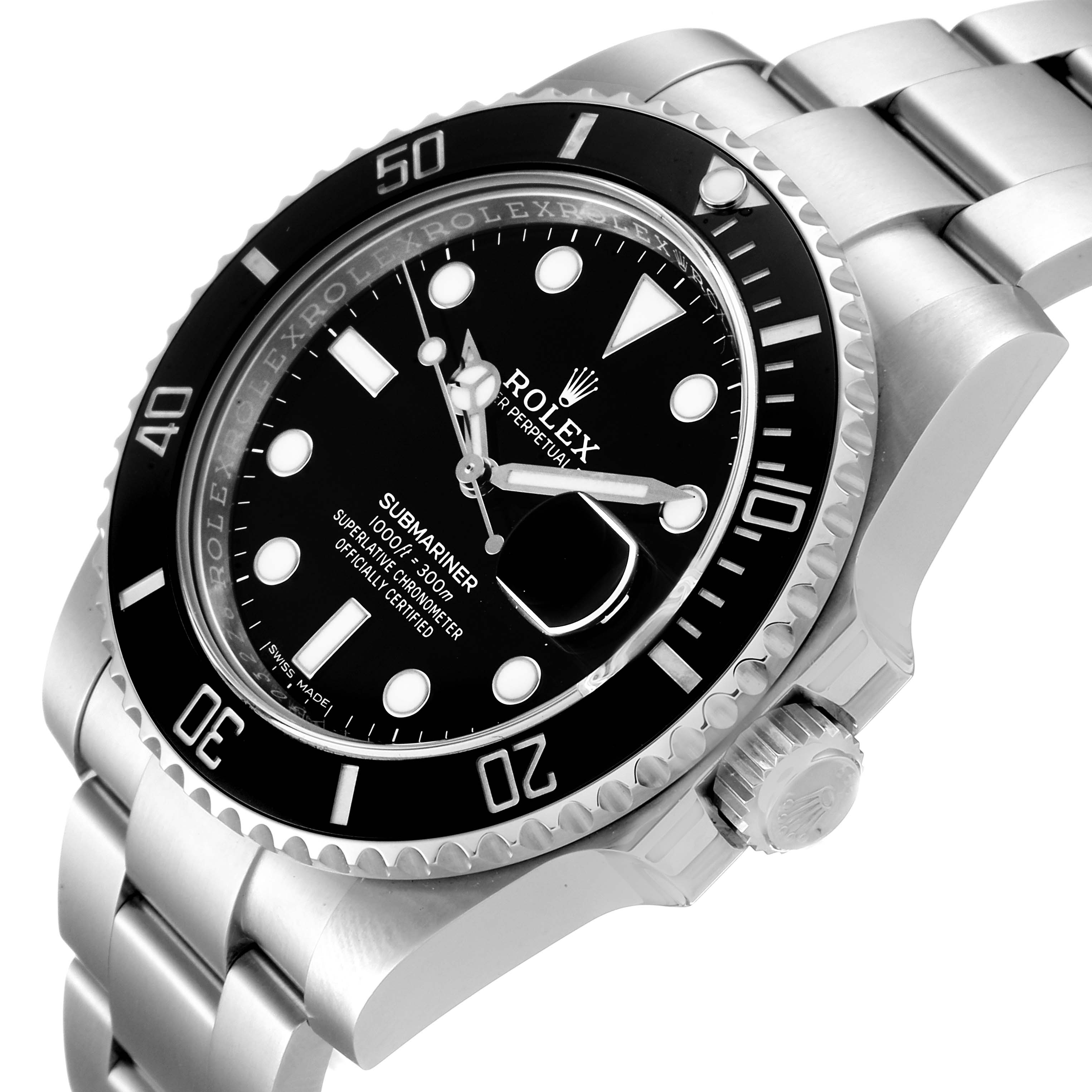 The image shows a Rolex Submariner 116610LN Men
s Stainless Steel Black Dial 116610LN Men
s Stainless Steel Black Dial watch from an angled view featuring the dial, bezel, and part of the bracelet.