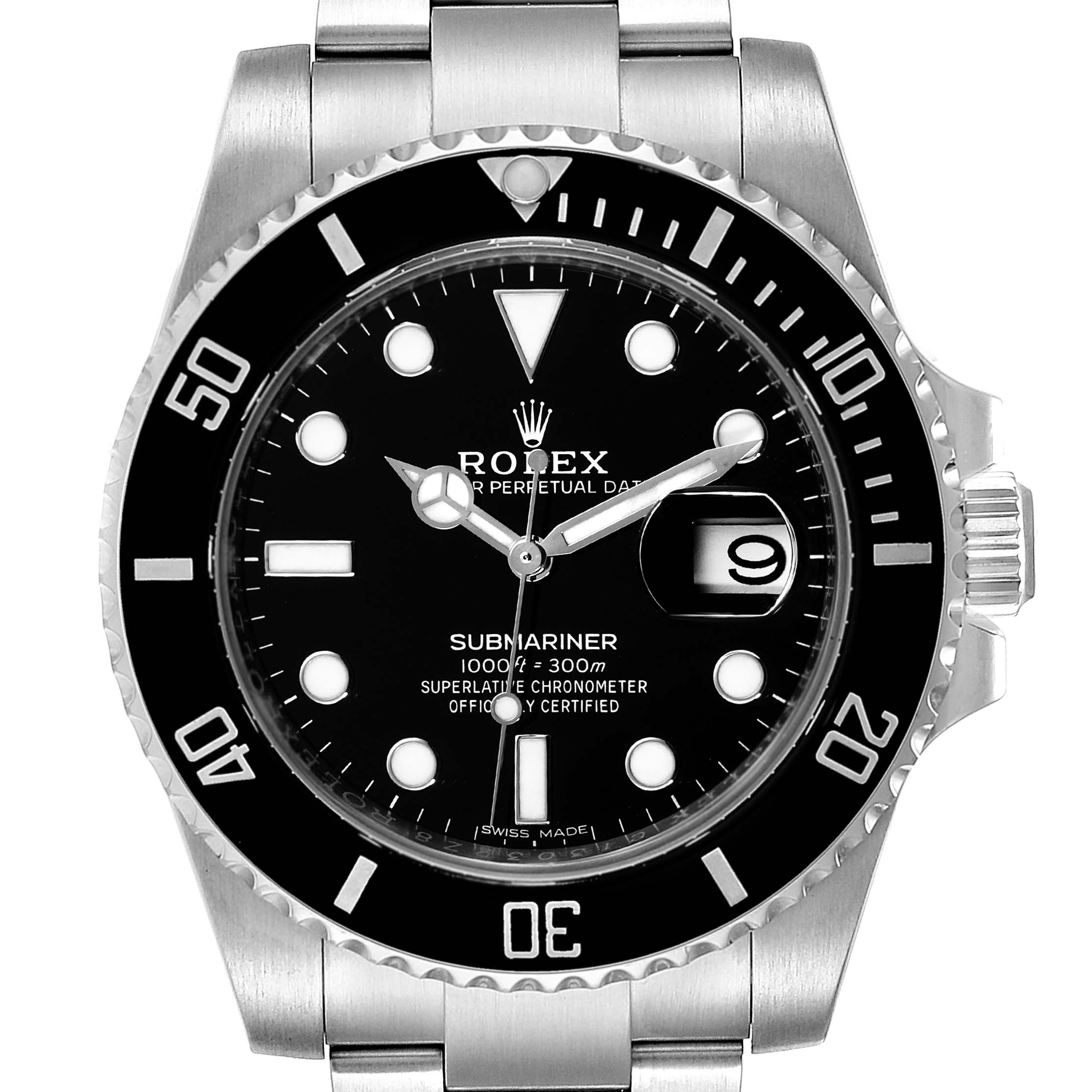 The image shows a front view of a Rolex Submariner 116610LN Men
s Stainless Steel Black Dial 116610LN Men
s Stainless Steel Black Dial watch, highlighting the dial, bezel, and part of the bracelet.