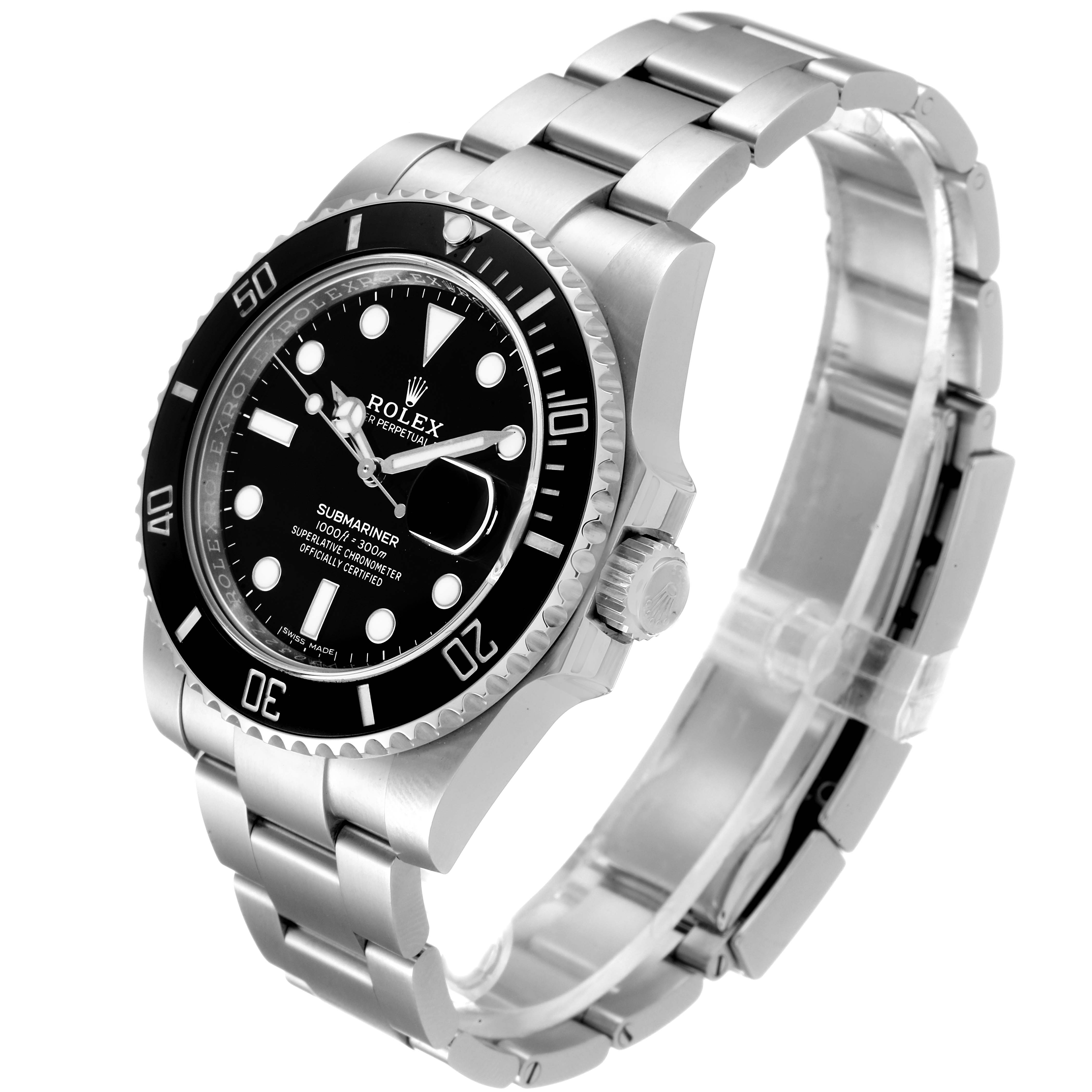 The image shows a Rolex Submariner 116610LN Men
s Stainless Steel Black Dial 116610LN Men
s Stainless Steel Black Dial watch at a three-quarter angle, highlighting its black bezel, dial, and stainless steel bracelet.