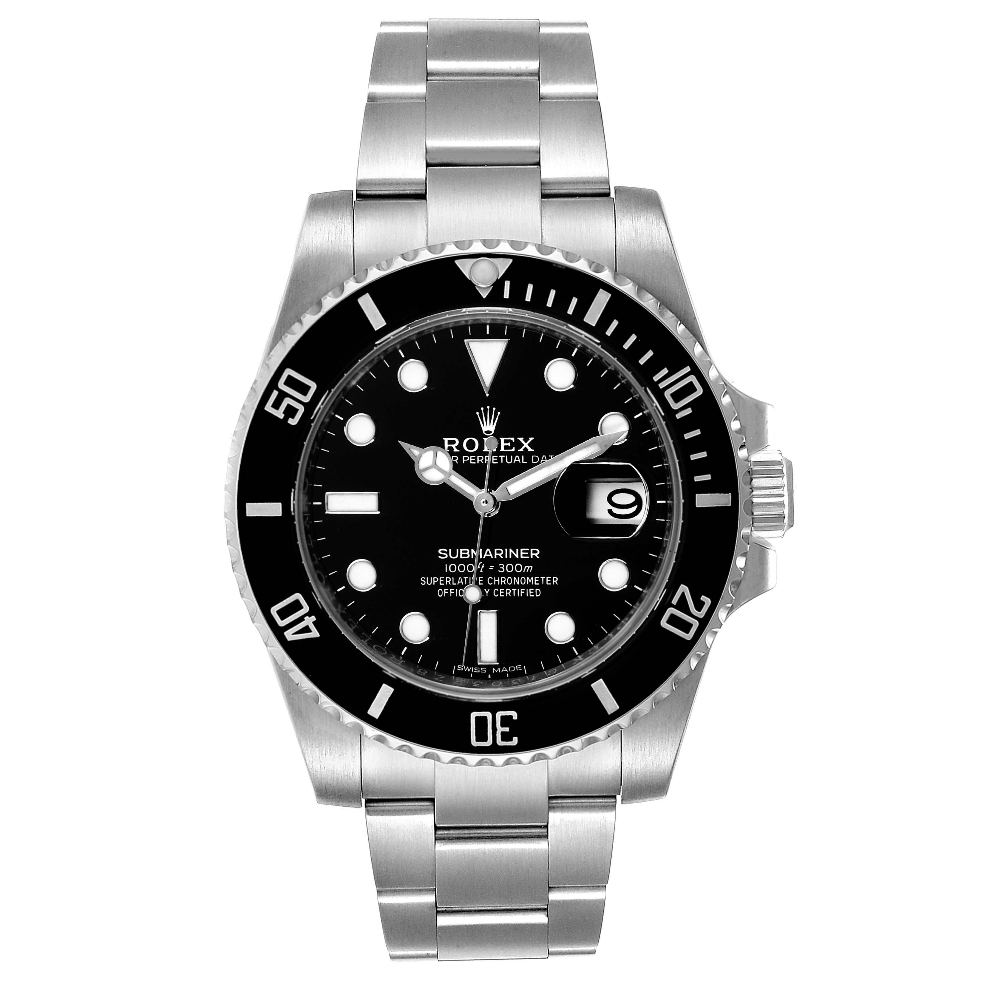 This image shows a front view of a Rolex Submariner 116610LN Men
s Stainless Steel Black Dial 116610LN Men
s Stainless Steel Black Dial watch, displaying its face, bezel, crown, and bracelet.