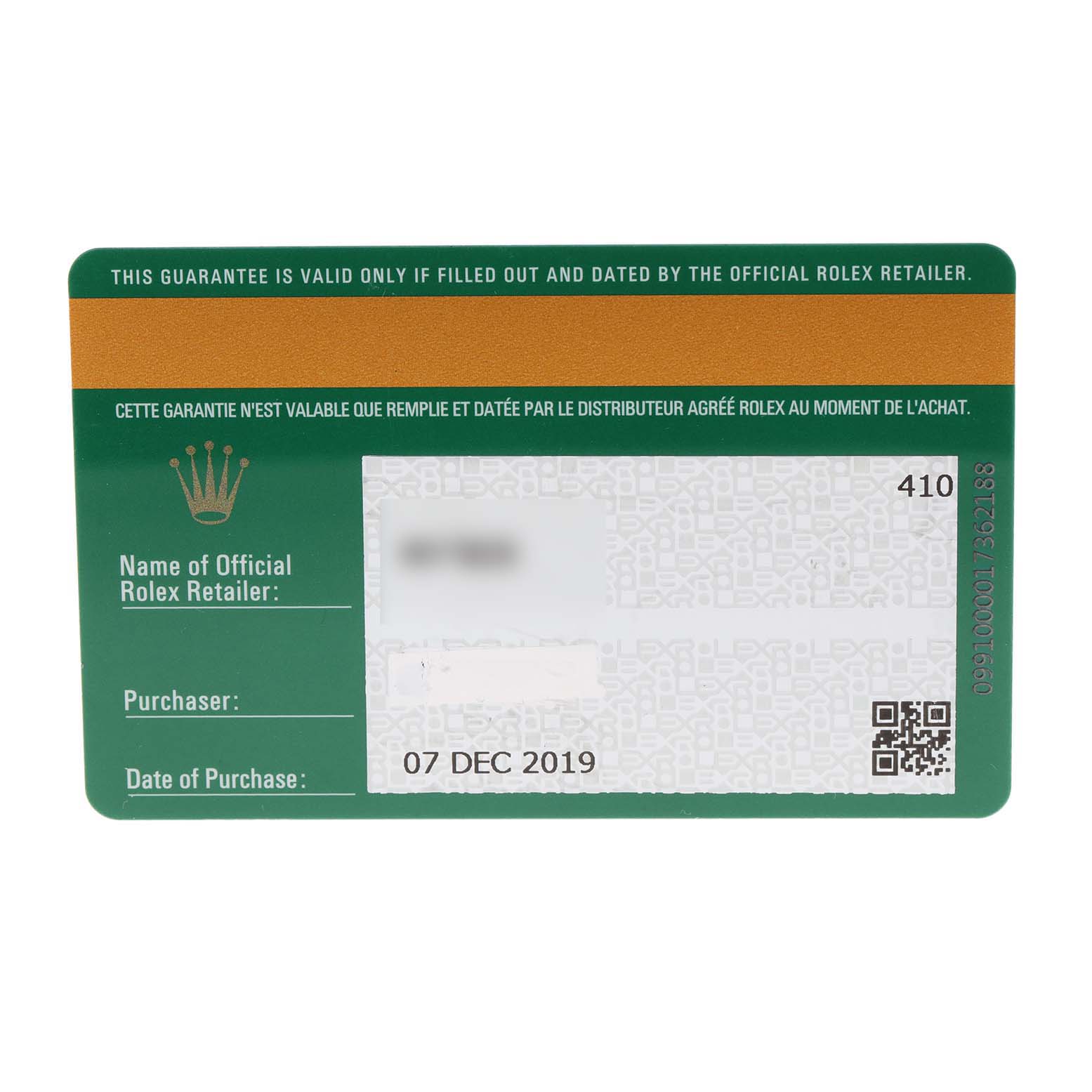 This is a guarantee card for a Rolex Submariner 116610LN Men
s Stainless Steel Black Dial 116610LN Men
s Stainless Steel Black Dial watch, showing retailer information and purchase date fields.