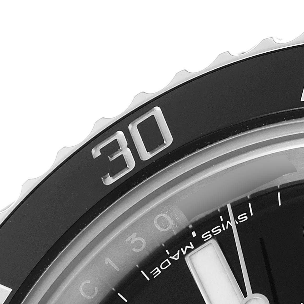 The image shows a close-up view of the bezel and part of the dial of a Rolex Submariner 116610LN Men
s Stainless Steel Black Dial 116610LN Men
s Stainless Steel Black Dial watch.