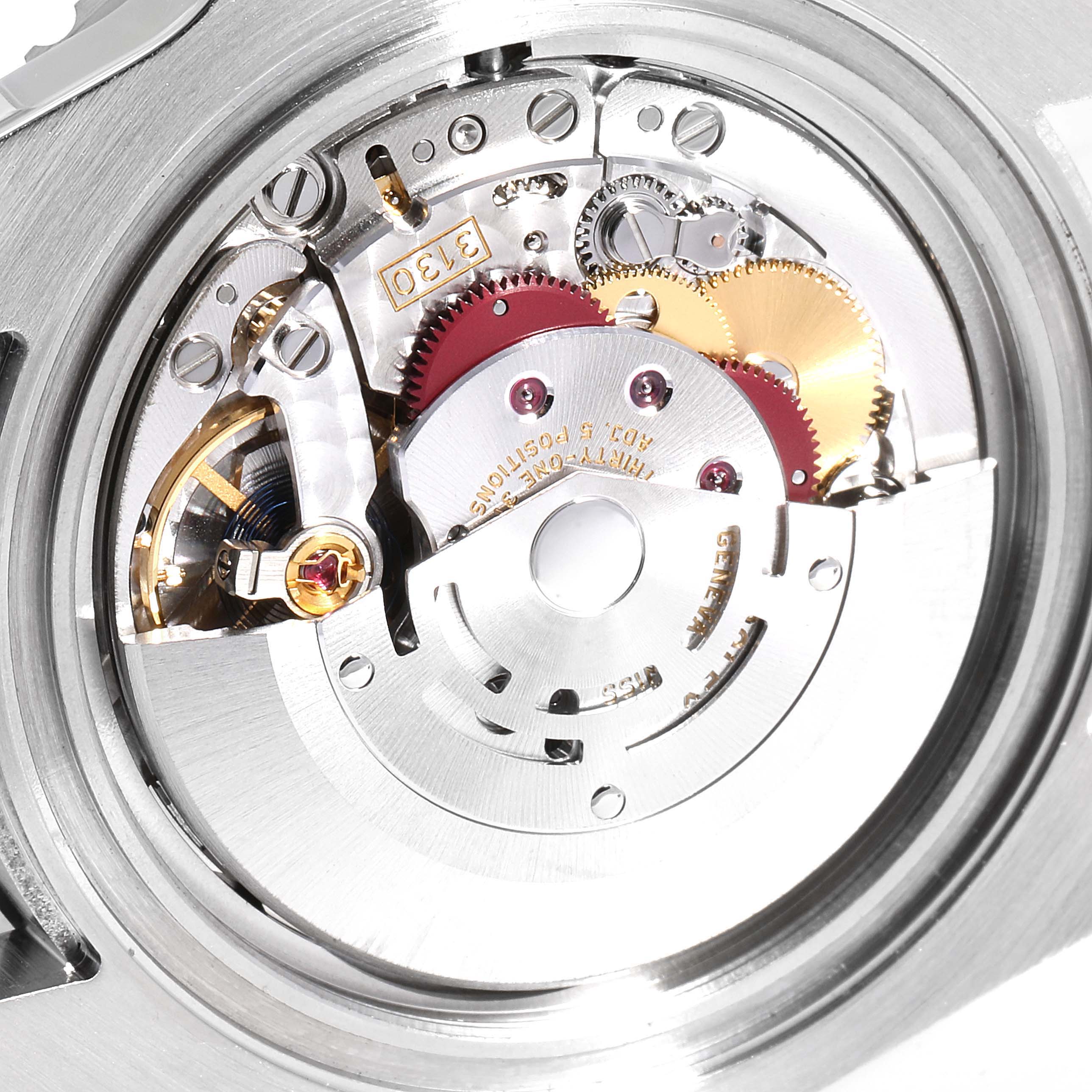 The image shows the intricate internal movement mechanism of a Rolex Submariner 114060 Men
s Stainless Steel Black Dial 114060 Men
s Stainless Steel Black Dial watch from a back view angle.