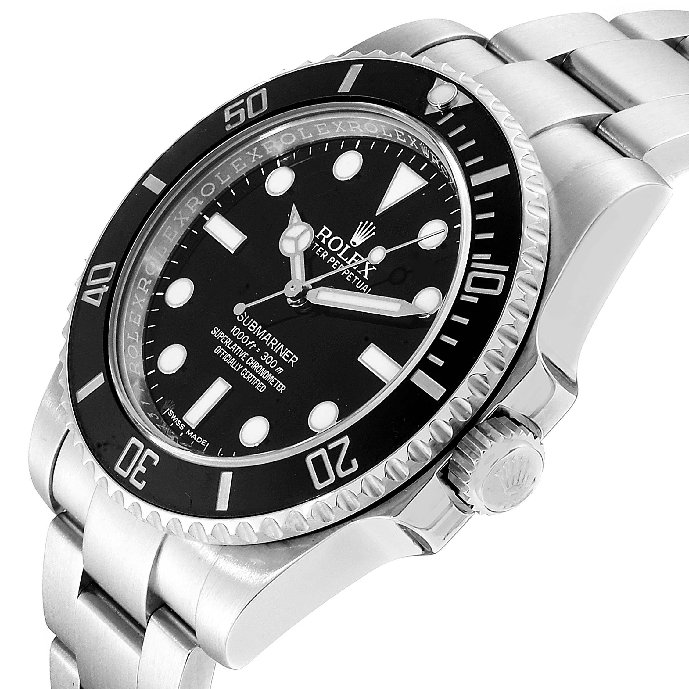 The image shows a close-up of the Rolex Submariner 114060 Men
s Stainless Steel Black Dial 114060 Men
s Stainless Steel Black Dial watch at an angle, highlighting its dial, bezel, bracelet, and crown.