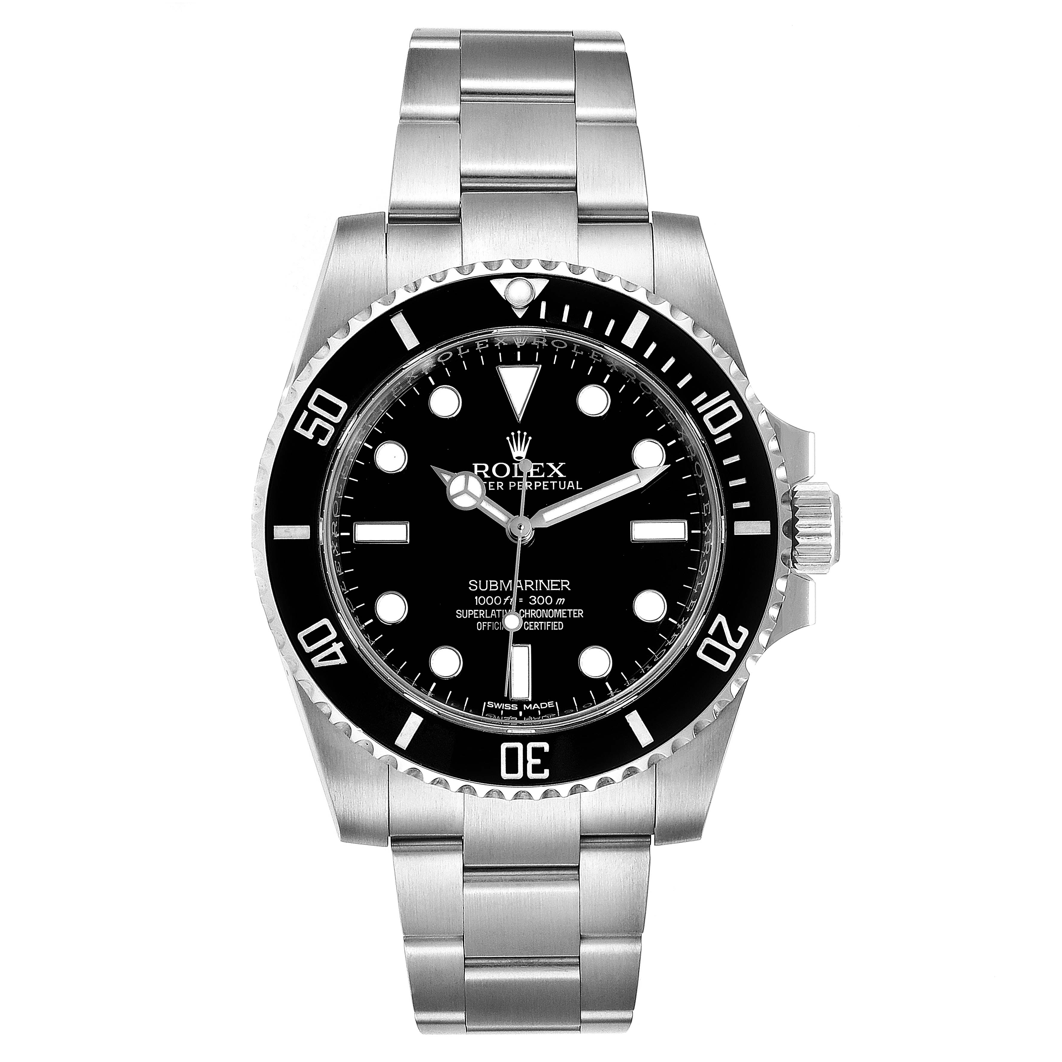 This image shows a front view of the Rolex Submariner 114060 Men
s Stainless Steel Black Dial 114060 Men
s Stainless Steel Black Dial watch, highlighting the dial, bezel, and bracelet.