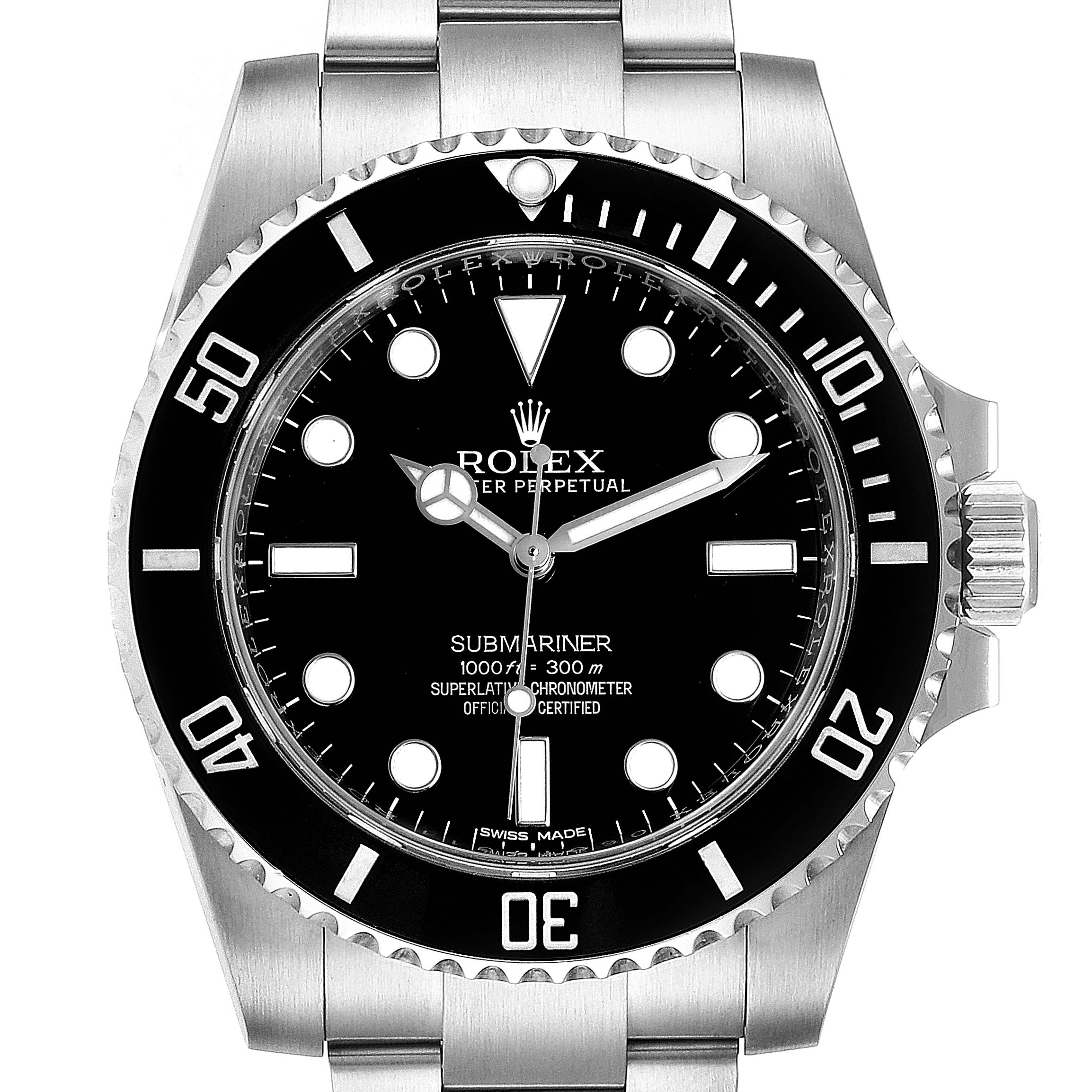 The image shows a front view of the Rolex Submariner 114060 Men
s Stainless Steel Black Dial 114060 Men
s Stainless Steel Black Dial watch, highlighting its black dial, bezel, hands, and bracelet.