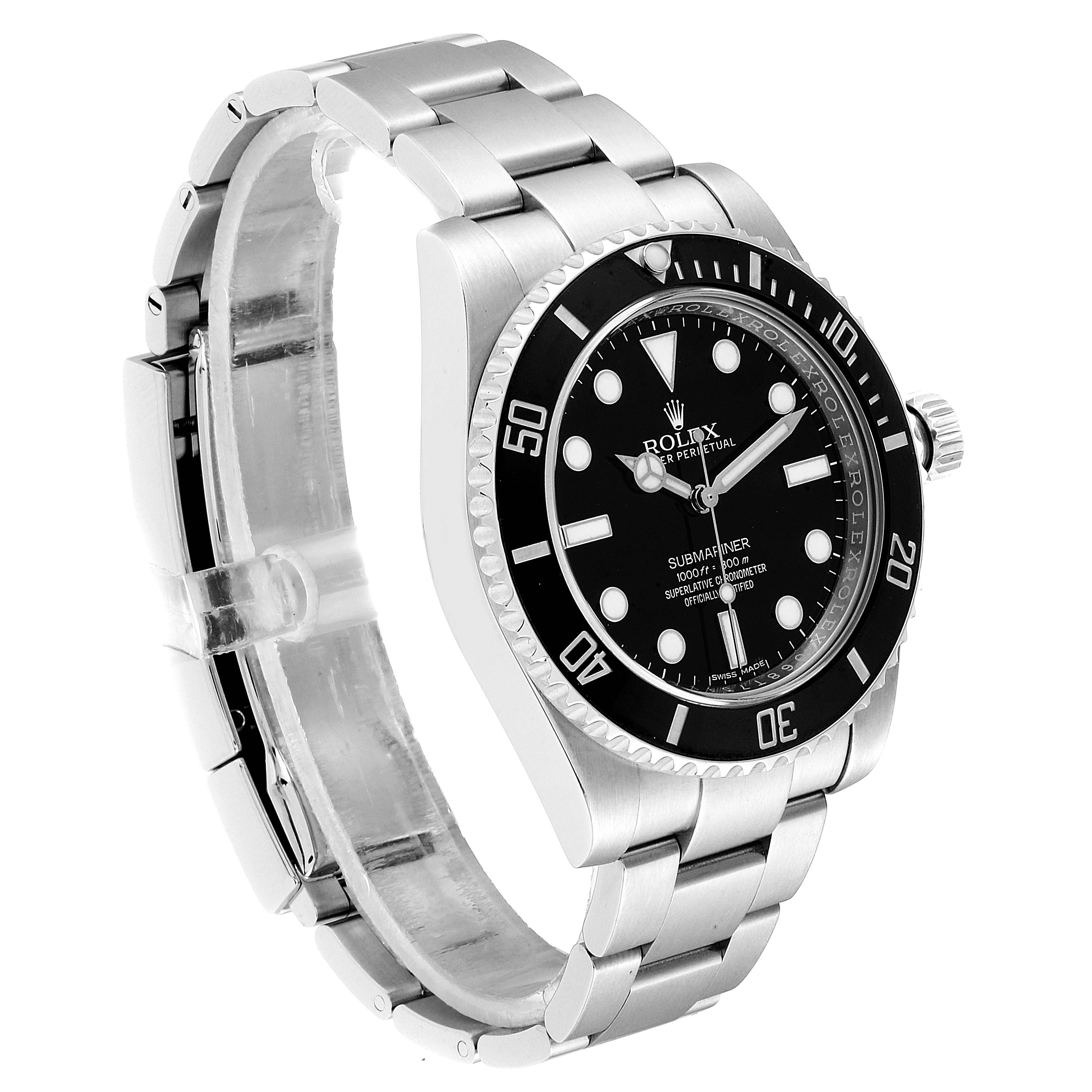 The image shows a side and front angle of a Rolex Submariner 114060 Men
s Stainless Steel Black Dial 114060 Men
s Stainless Steel Black Dial watch, highlighting its bezel, dial, and bracelet.