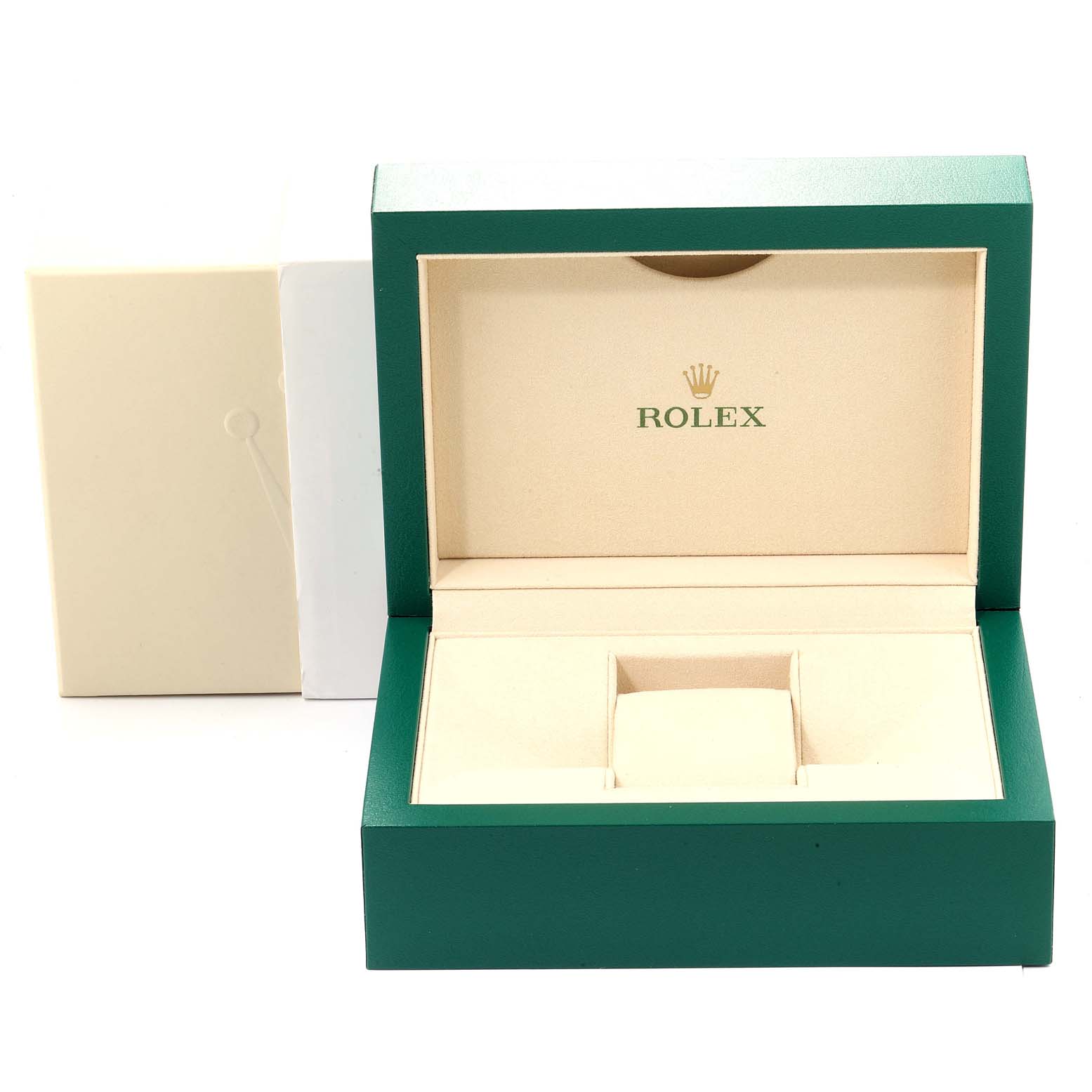 The image shows an open empty Rolex Submariner 114060 Men
s Stainless Steel Black Dial 114060 Men
s Stainless Steel Black Dial watch box, with the brand logo visible inside the lid.