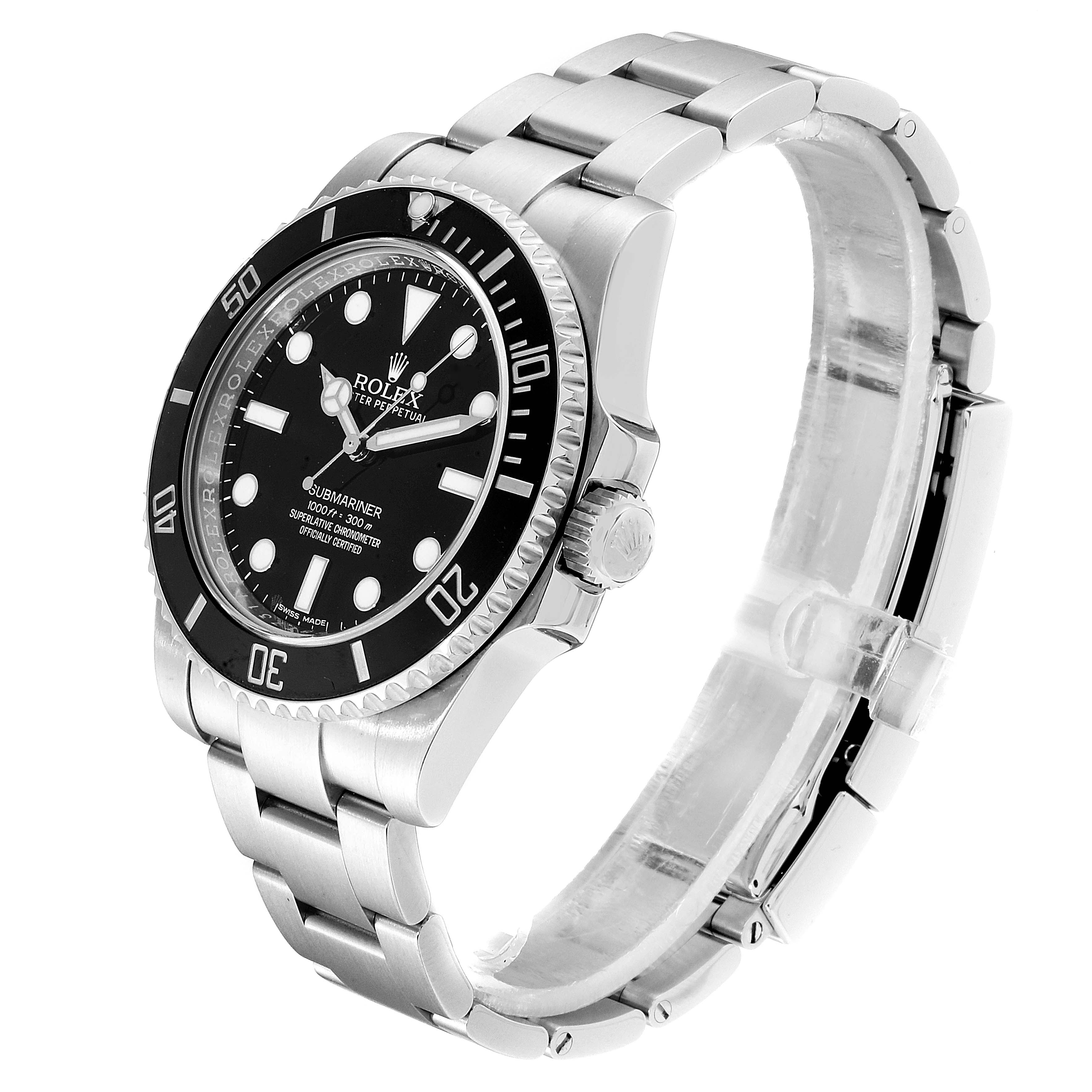 The image shows a Rolex Submariner 114060 Men
s Stainless Steel Black Dial 114060 Men
s Stainless Steel Black Dial watch at a side angle, highlighting the bezel, dial, and bracelet.