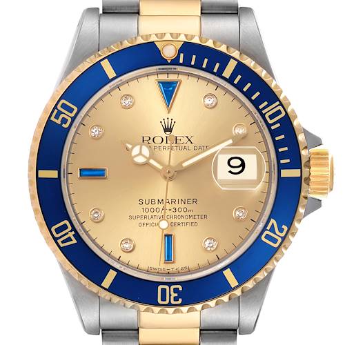 The Rolex Submariner 16613 Men's Steel and Gold (two tone) Champagne Dial watch is shown from the front, highlighting the dial, bezel, hands, and part of the bracelet.