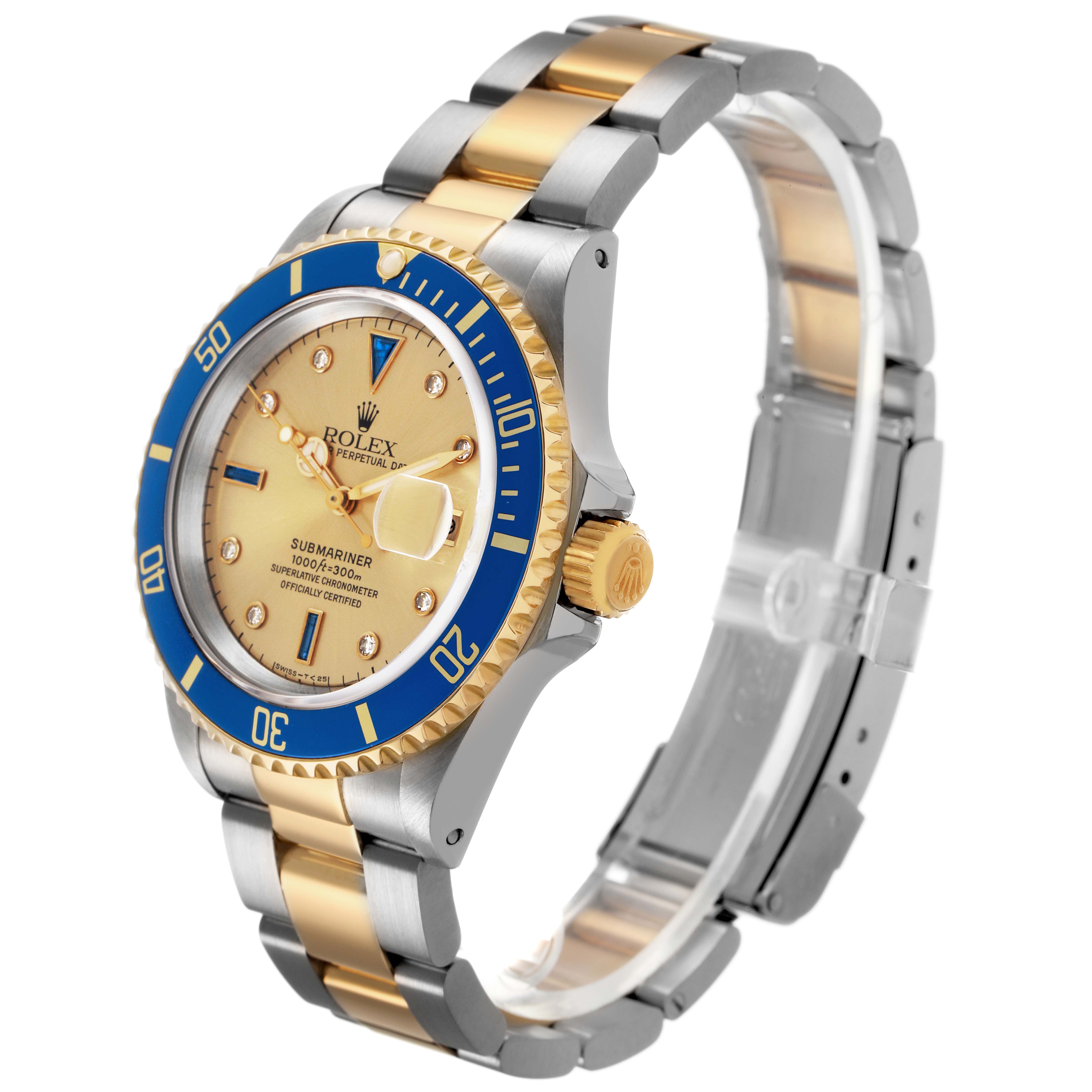 The Rolex Submariner 16613 Men's Steel and Gold (two tone) Champagne Dial watch is shown at a three-quarter angle, highlighting the bezel, dial, crown, and part of the bracelet.