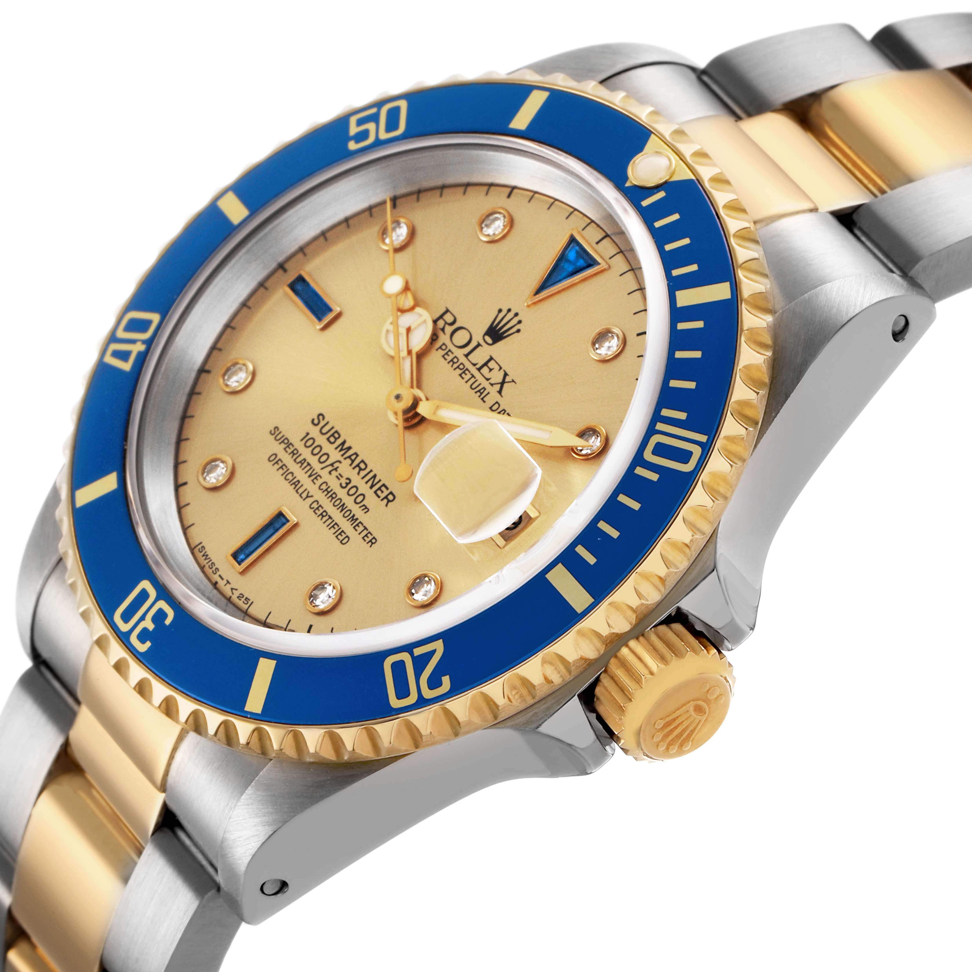 The image shows a Rolex Submariner 16613 Men's Steel and Gold (two tone) Champagne Dial watch at an angle highlighting the bezel, dial, case, and part of the bracelet.