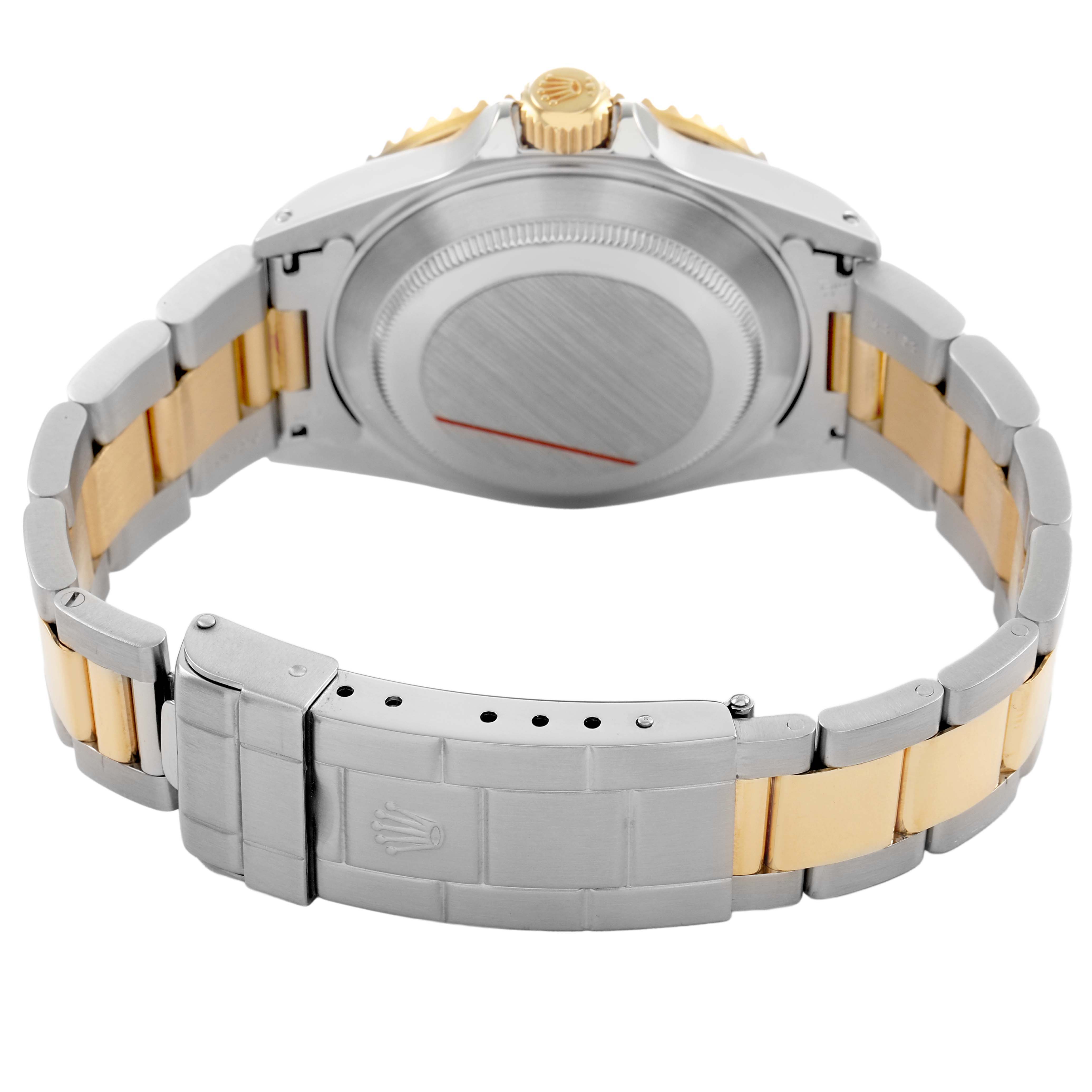 The Rolex Submariner 16613 Men's Steel and Gold (two tone) Champagne Dial watch is shown from the back, highlighting the case, crown, and two-tone bracelet with clasp.