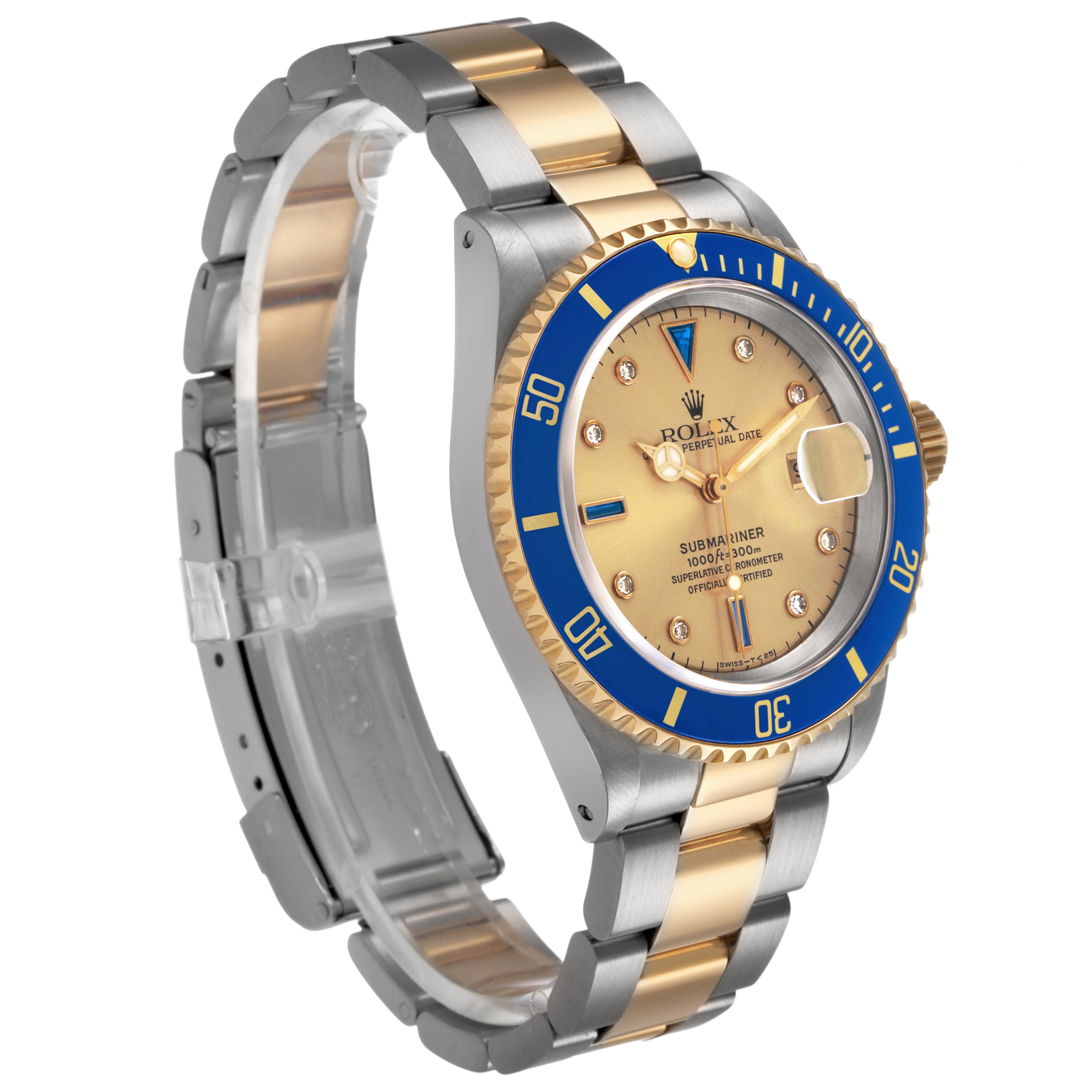 The Rolex Submariner 16613 Men's Steel and Gold (two tone) Champagne Dial watch is shown at a three-quarter angle, highlighting the blue bezel, gold dial, and two-tone bracelet.