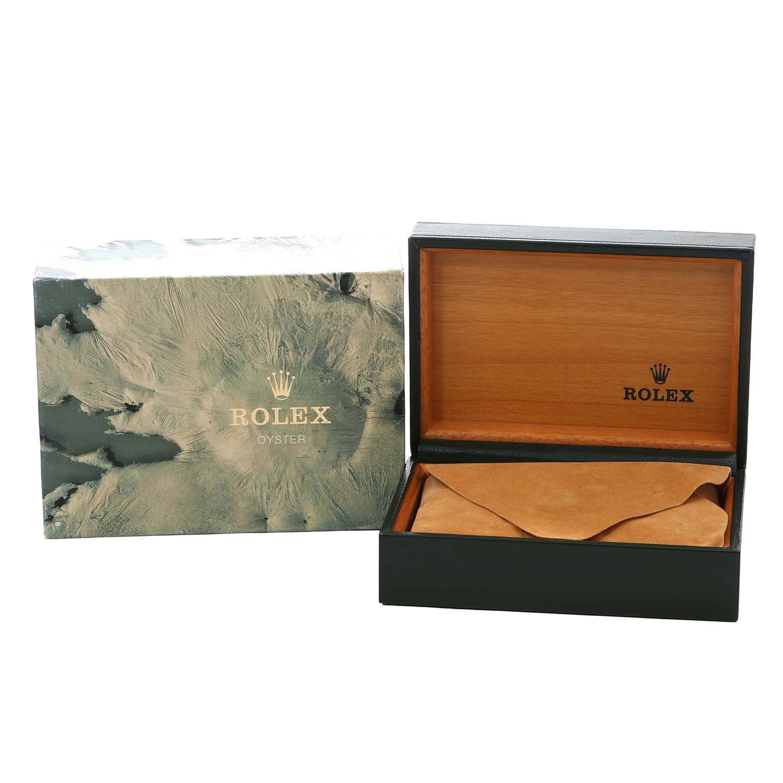 The image shows a Rolex Submariner 16613 Men's Steel and Gold (two tone) Champagne Dial watch box from a slightly elevated angle, displaying the outer sleeve and open wooden interior.