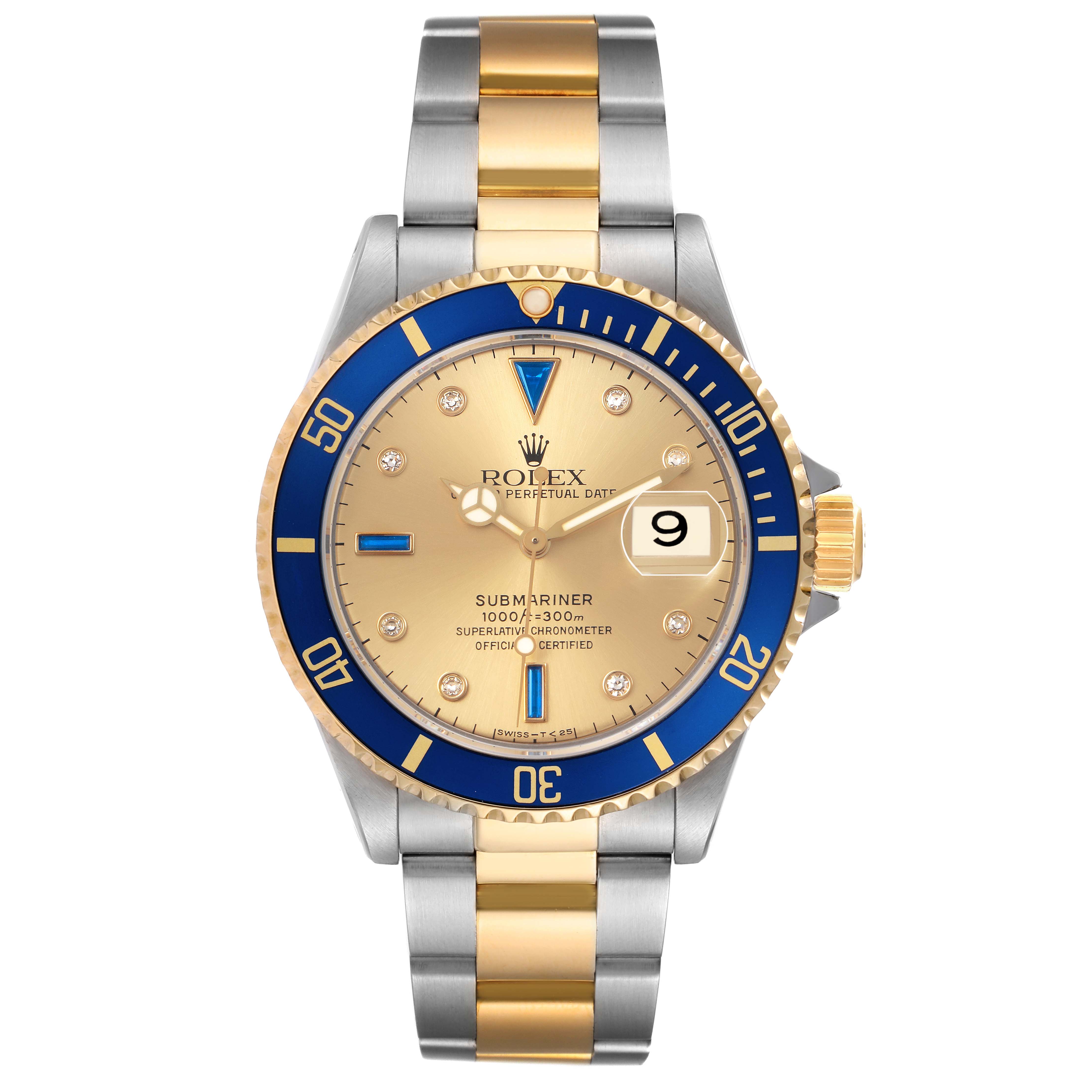 The image shows a frontal view of a Rolex Submariner 16613 Men's Steel and Gold (two tone) Champagne Dial watch with a blue and gold bezel and two-tone bracelet.