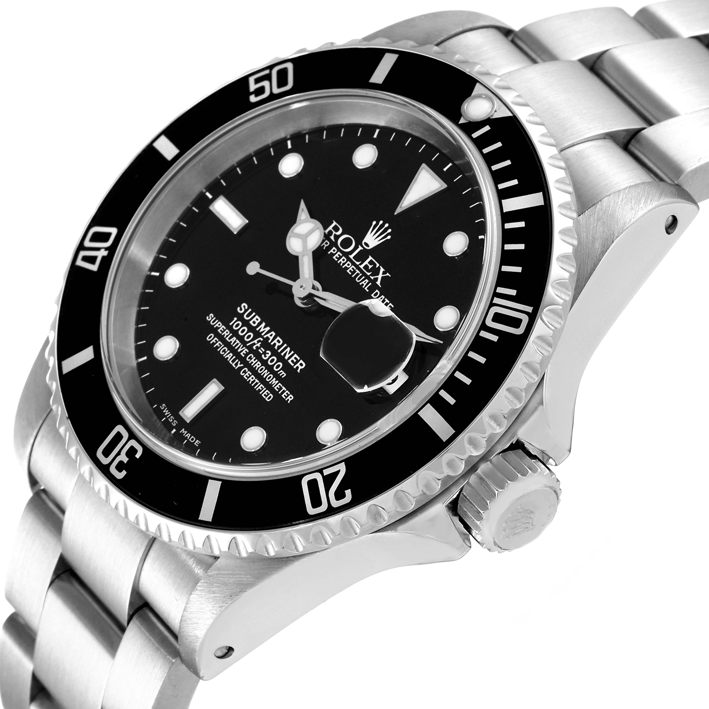 This image shows a close-up angle of a Rolex Submariner 16610 Men
s Stainless Steel Black Dial 16610 Men
s Stainless Steel Black Dial watch
s face, bezel, crown, and bracelet.