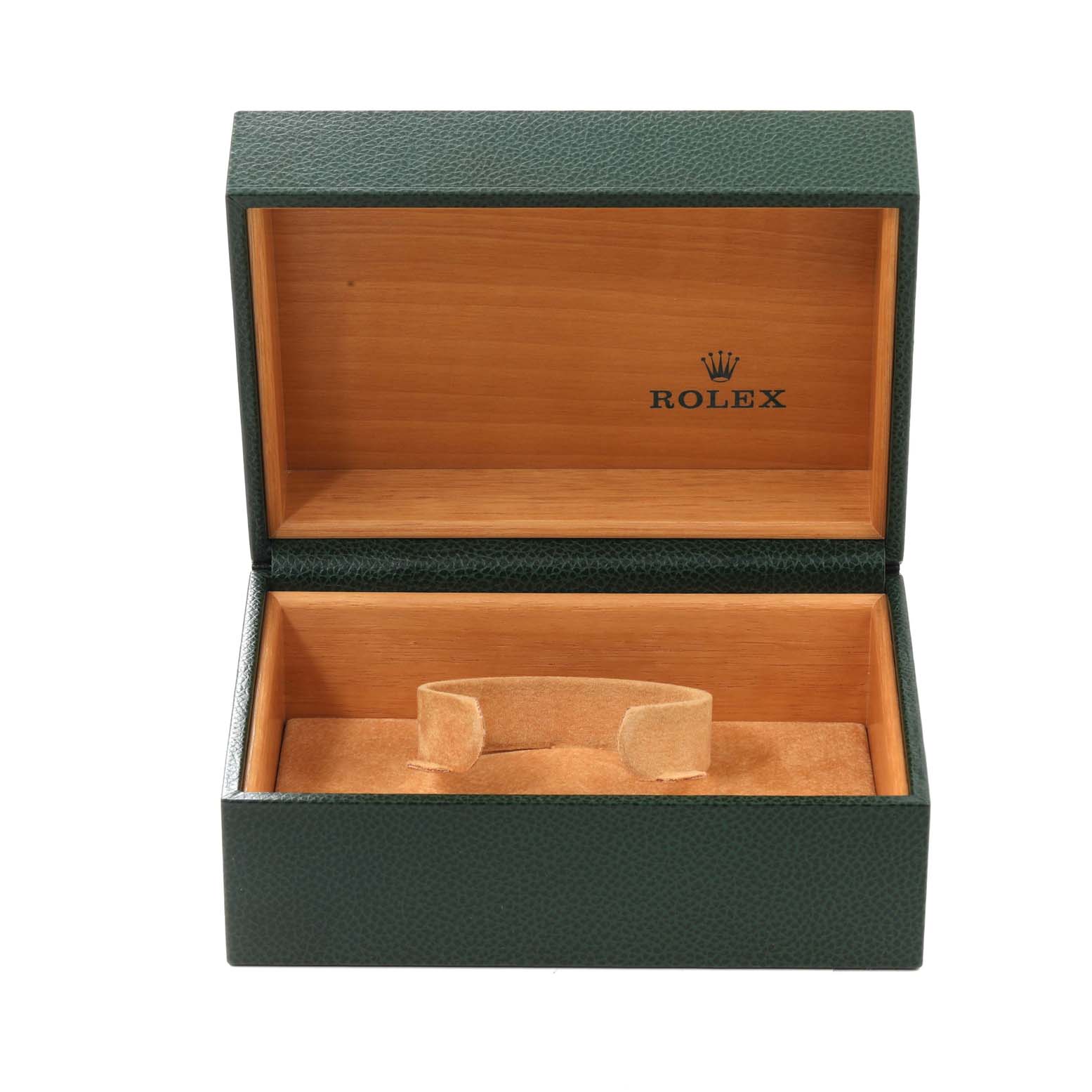 The image shows an open Rolex Submariner 16610 Men
s Stainless Steel Black Dial 16610 Men
s Stainless Steel Black Dial watch box with a green exterior and wooden interior.