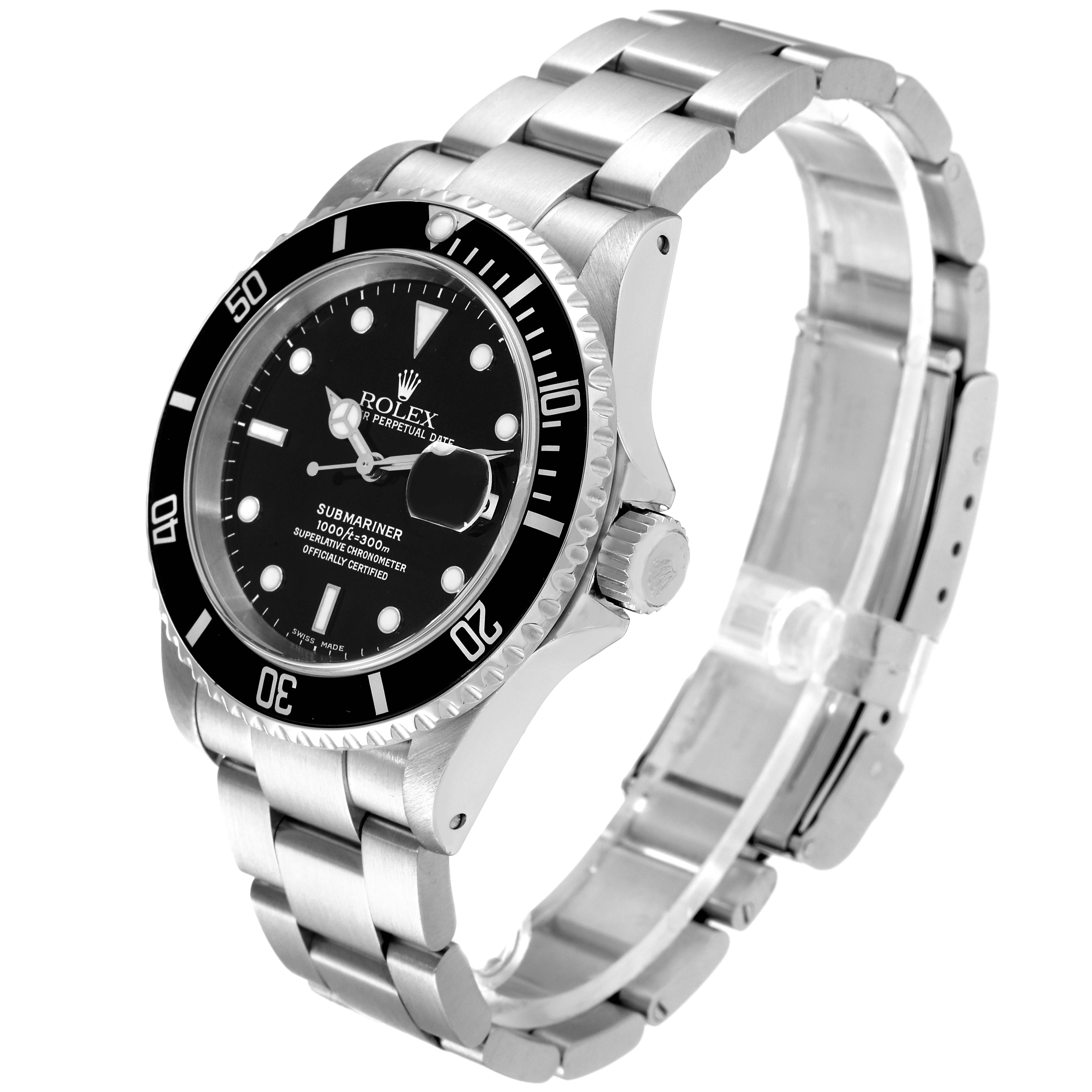 This image shows a Rolex Submariner 16610 Men
s Stainless Steel Black Dial 16610 Men
s Stainless Steel Black Dial watch at a three-quarter angle, featuring its face, bezel, crown, and bracelet.