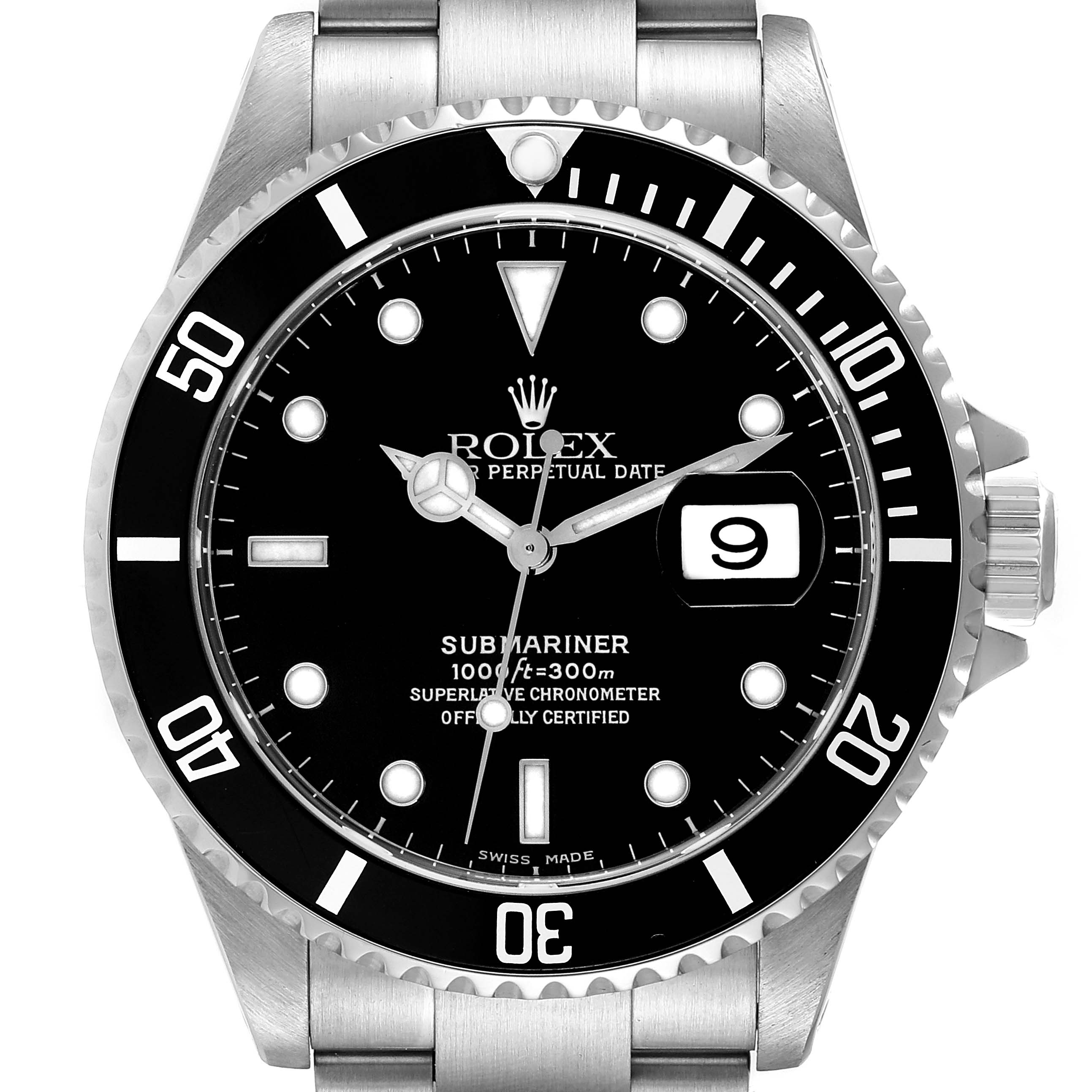 The image shows a front view of the Rolex Submariner 16610 Men
s Stainless Steel Black Dial 16610 Men
s Stainless Steel Black Dial watch, featuring its face, bezel, and part of the stainless steel bracelet.