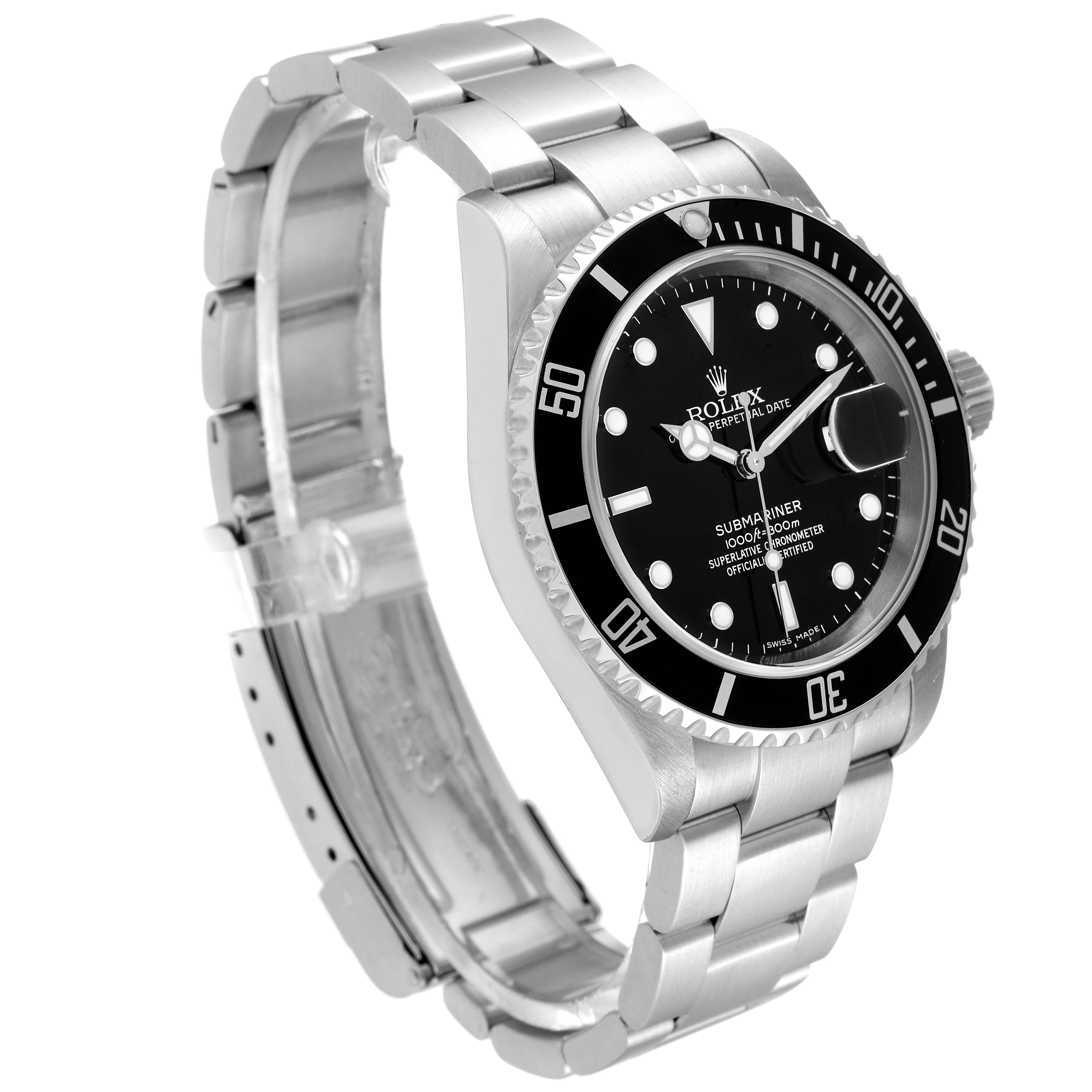 The image shows a Rolex Submariner 16610 Men
s Stainless Steel Black Dial 16610 Men
s Stainless Steel Black Dial watch at a three-quarter angle, highlighting the face, bezel, and bracelet.