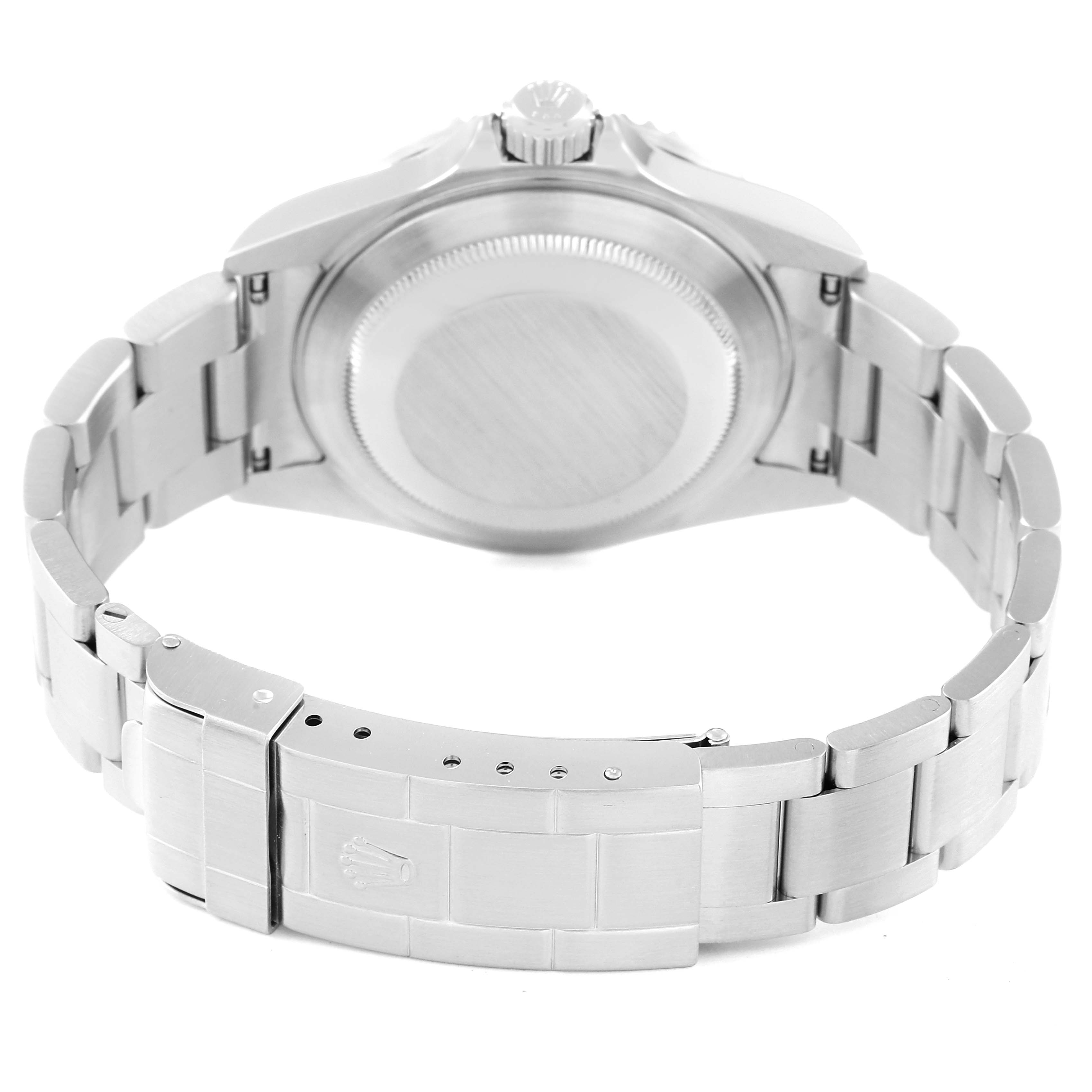 The image shows the back view of a Rolex Submariner 16610 Men
s Stainless Steel Black Dial 16610 Men
s Stainless Steel Black Dial watch, highlighting the case back, bracelet, and deployment clasp.