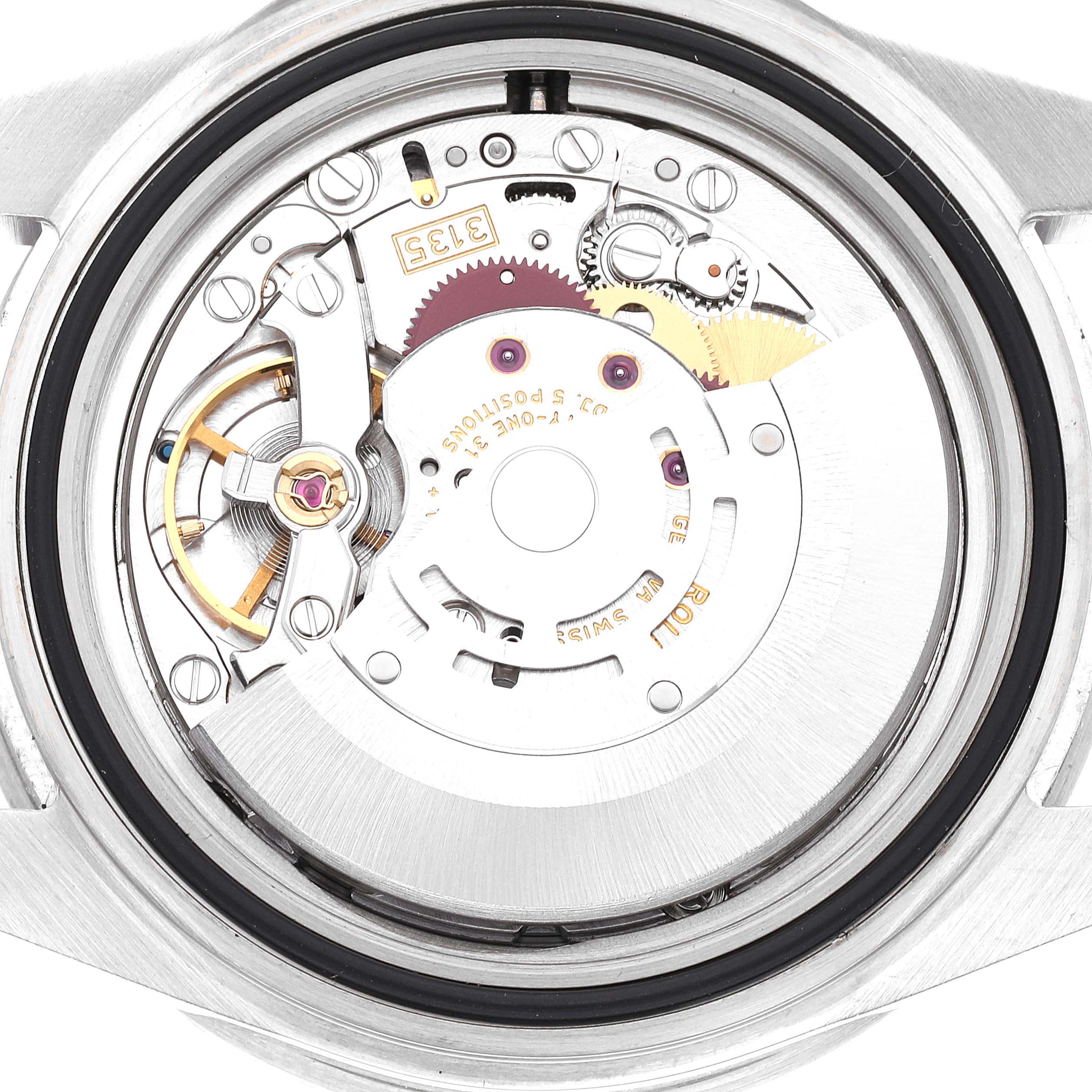 This image shows the intricate internal movement mechanism of the Rolex Submariner 16610 Men
s Stainless Steel Black Dial 16610 Men
s Stainless Steel Black Dial watch from a back view.