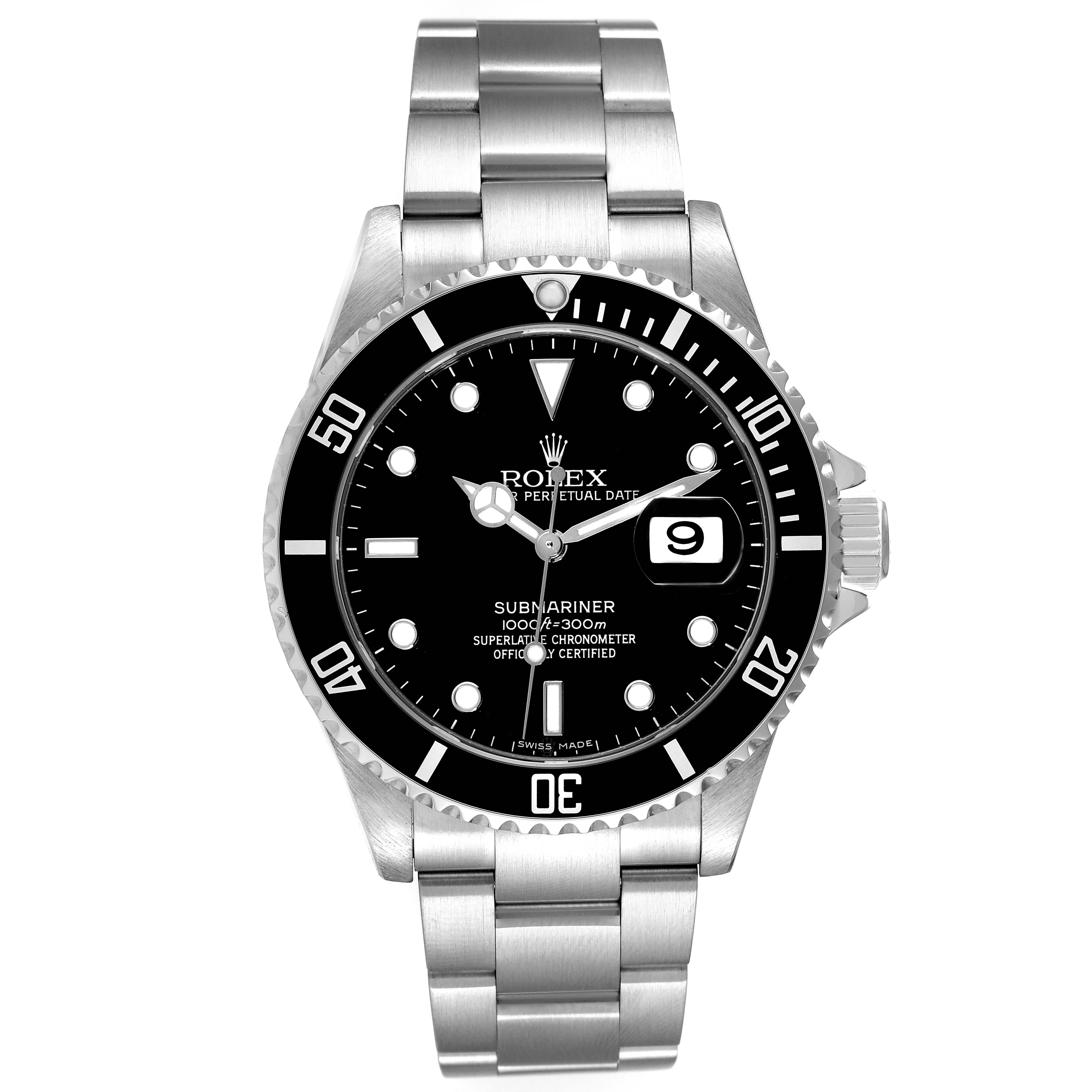 The image shows a Rolex Submariner 16610 Men
s Stainless Steel Black Dial 16610 Men
s Stainless Steel Black Dial watch from a front angle, displaying its face, bezel, and stainless steel bracelet.