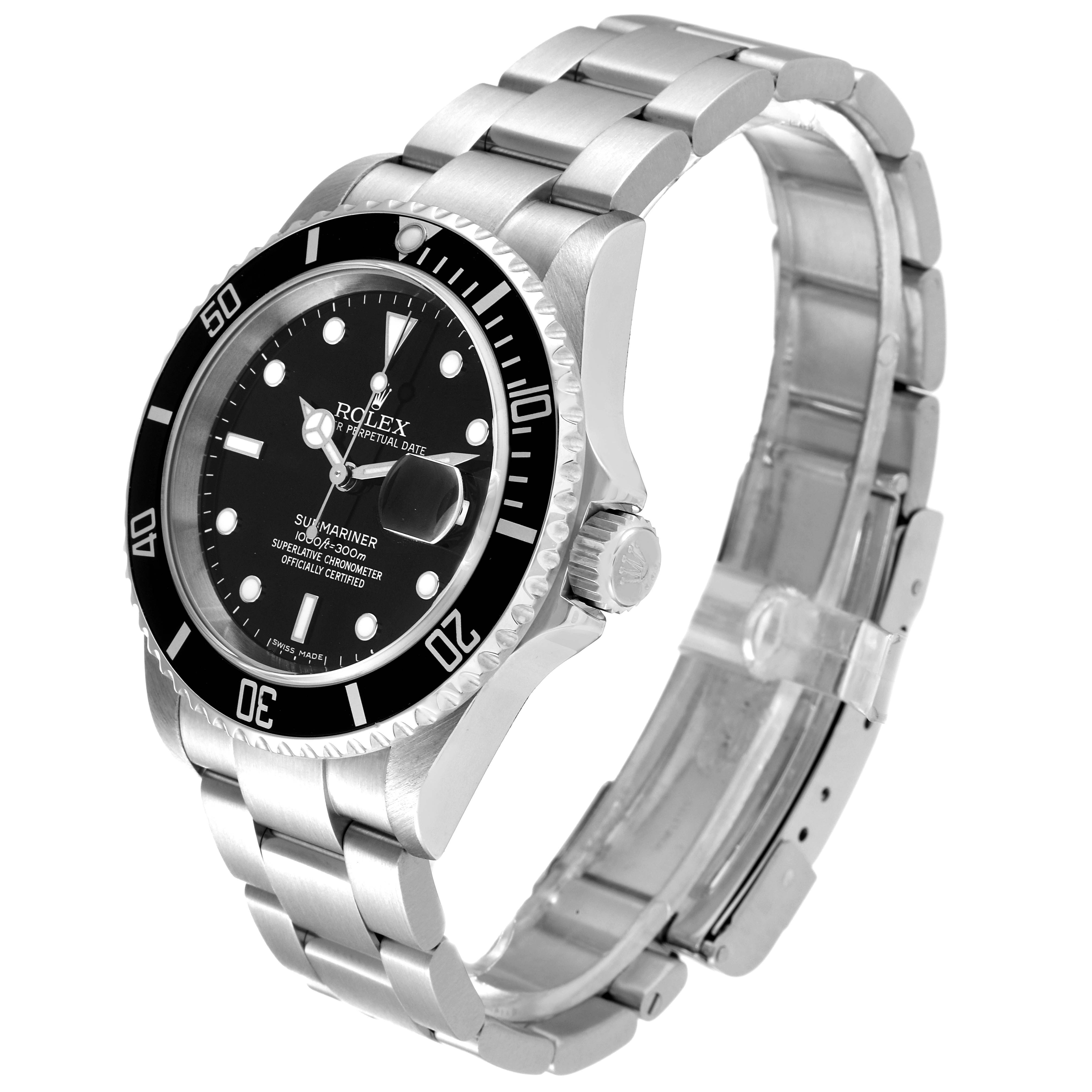 The image displays a Rolex Submariner 16610 Men
s Stainless Steel Black Dial 16610 Men
s Stainless Steel Black Dial watch at a slight side angle, showcasing the bezel, dial, and bracelet.