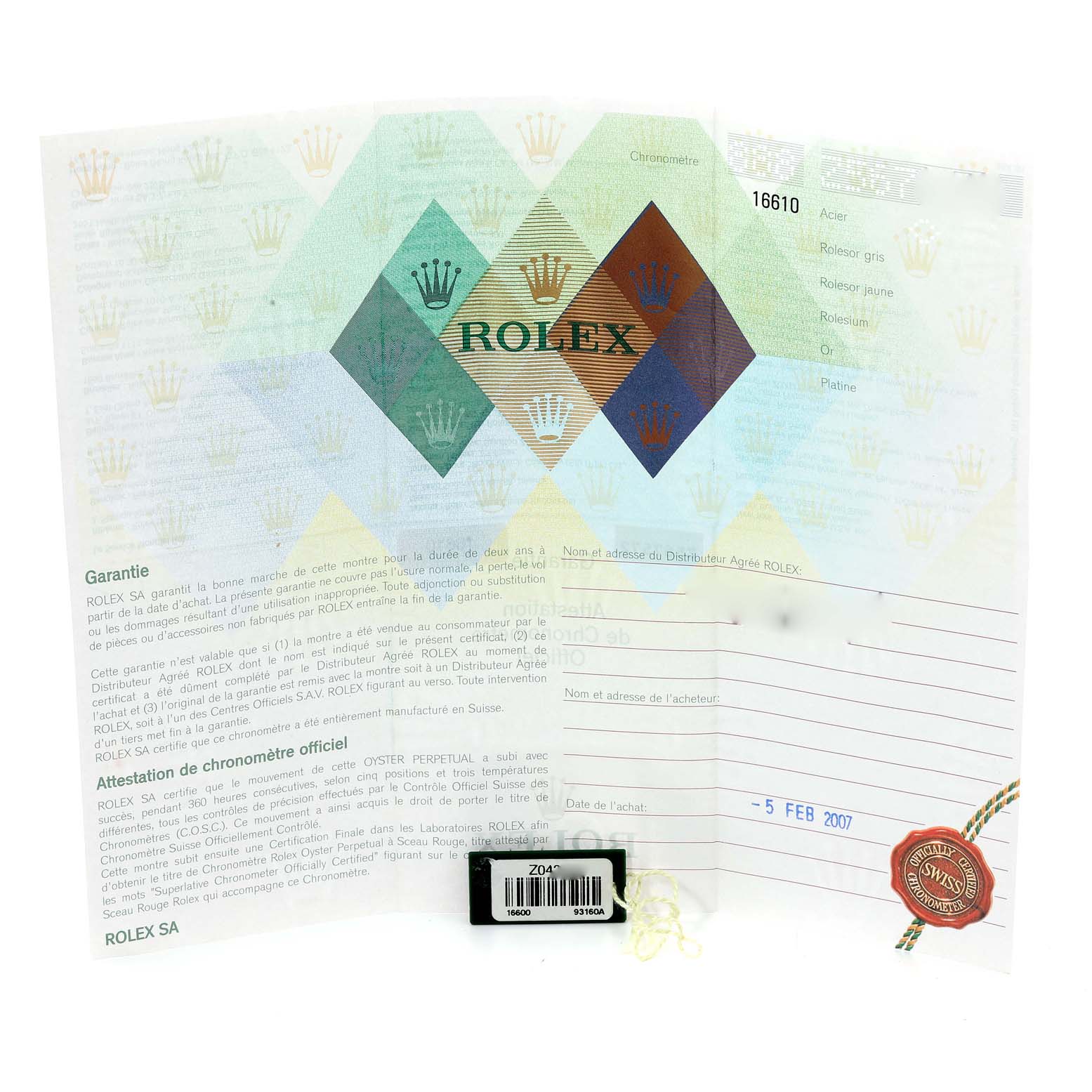 The image shows the warranty and certification documents for a Rolex Submariner 16610 Men
s Stainless Steel Black Dial 16610 Men
s Stainless Steel Black Dial watch.