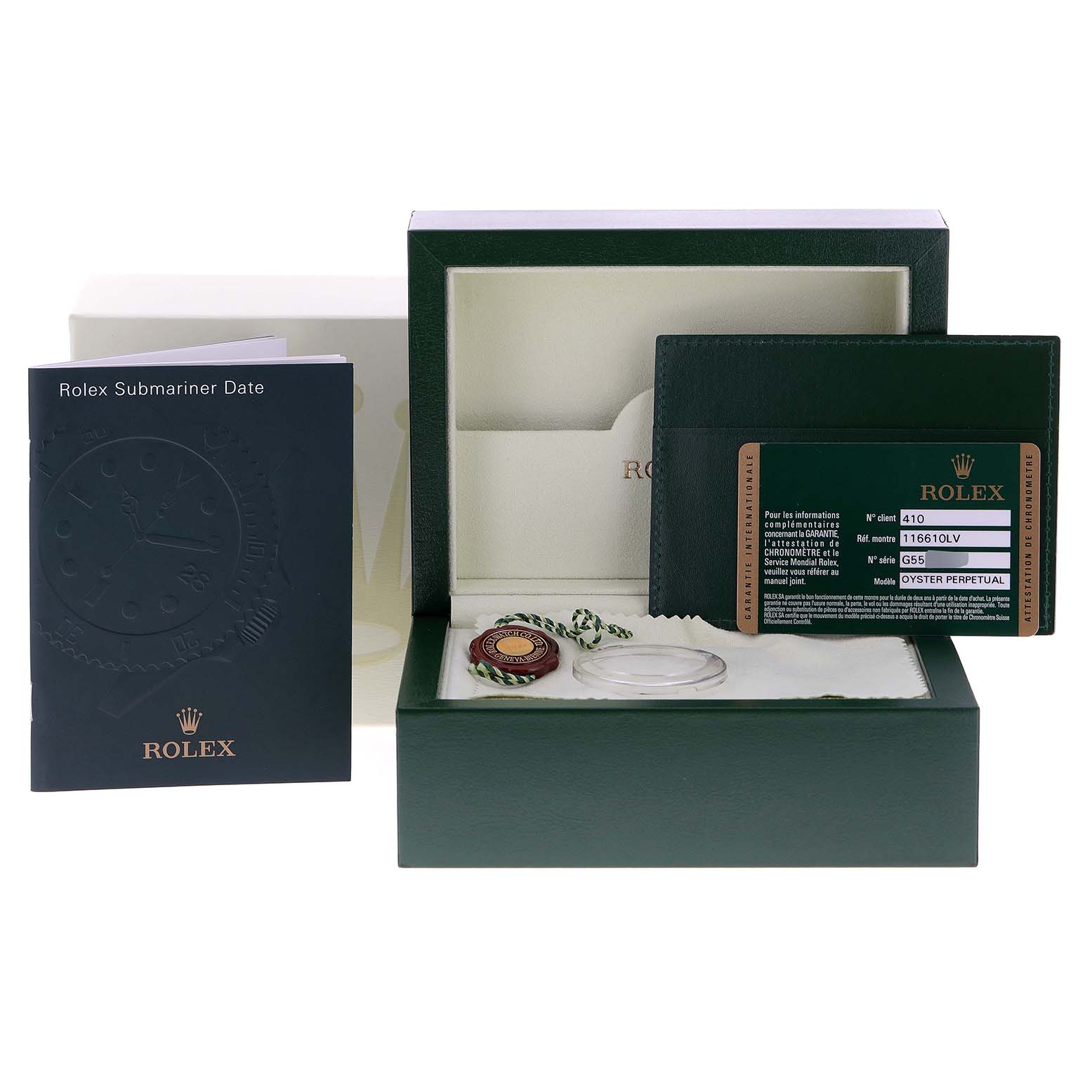 The image shows the packaging, manual, Best Quality
ity card, and accessories of a Rolex Submariner 116610LV Men
s Stainless Steel Green Dial 116610LV Men
s Stainless Steel Green Dial Date watch, model 116610LV.