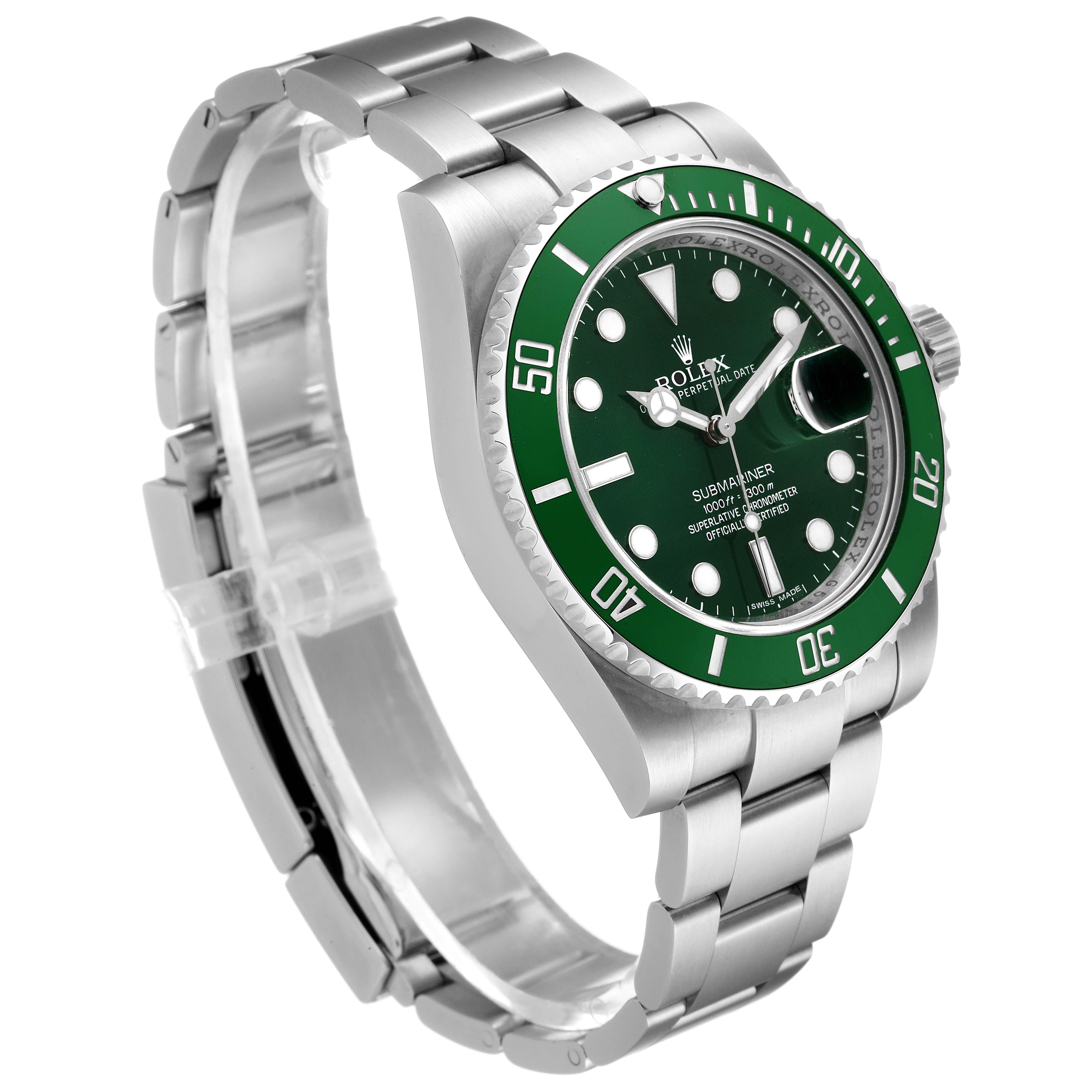The image shows a Rolex Submariner 116610LV Men
s Stainless Steel Green Dial 116610LV Men
s Stainless Steel Green Dial watch angled to display its green bezel, dial, and stainless steel bracelet.