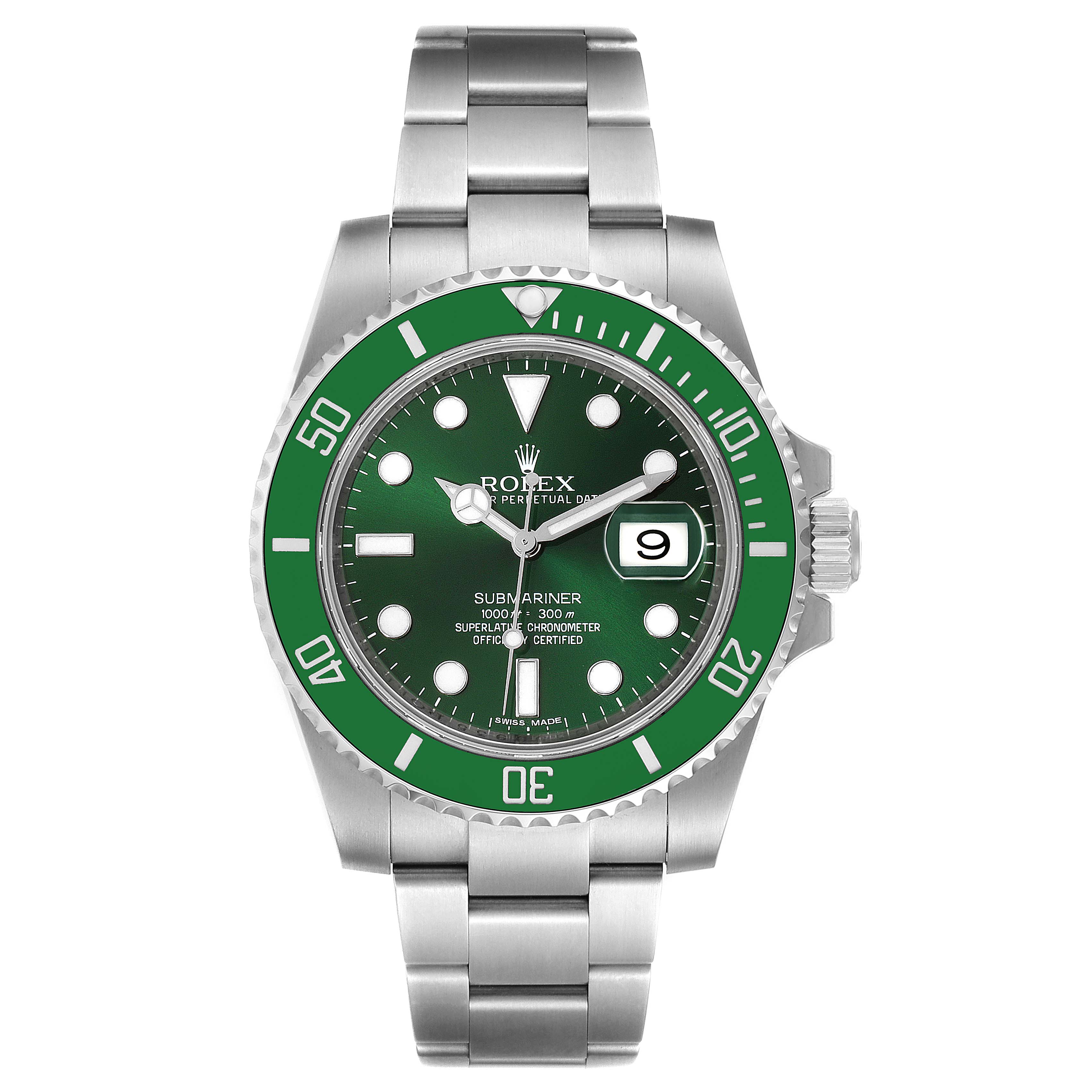 The image shows a Rolex Submariner 116610LV Men
s Stainless Steel Green Dial 116610LV Men
s Stainless Steel Green Dial watch from a front view, highlighting its green bezel, dial, and metal bracelet.