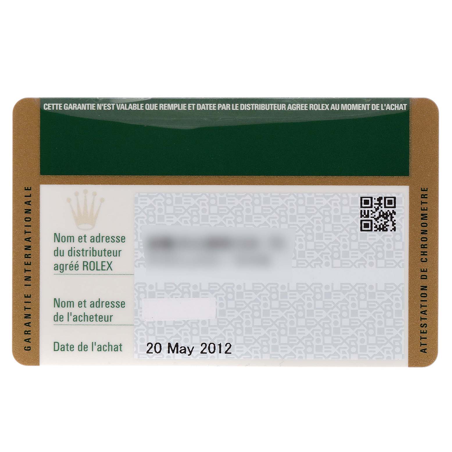 The image shows the international warranty card for a Rolex Submariner 116610LV Men
s Stainless Steel Green Dial 116610LV Men
s Stainless Steel Green Dial, including purchase date and distributor details.