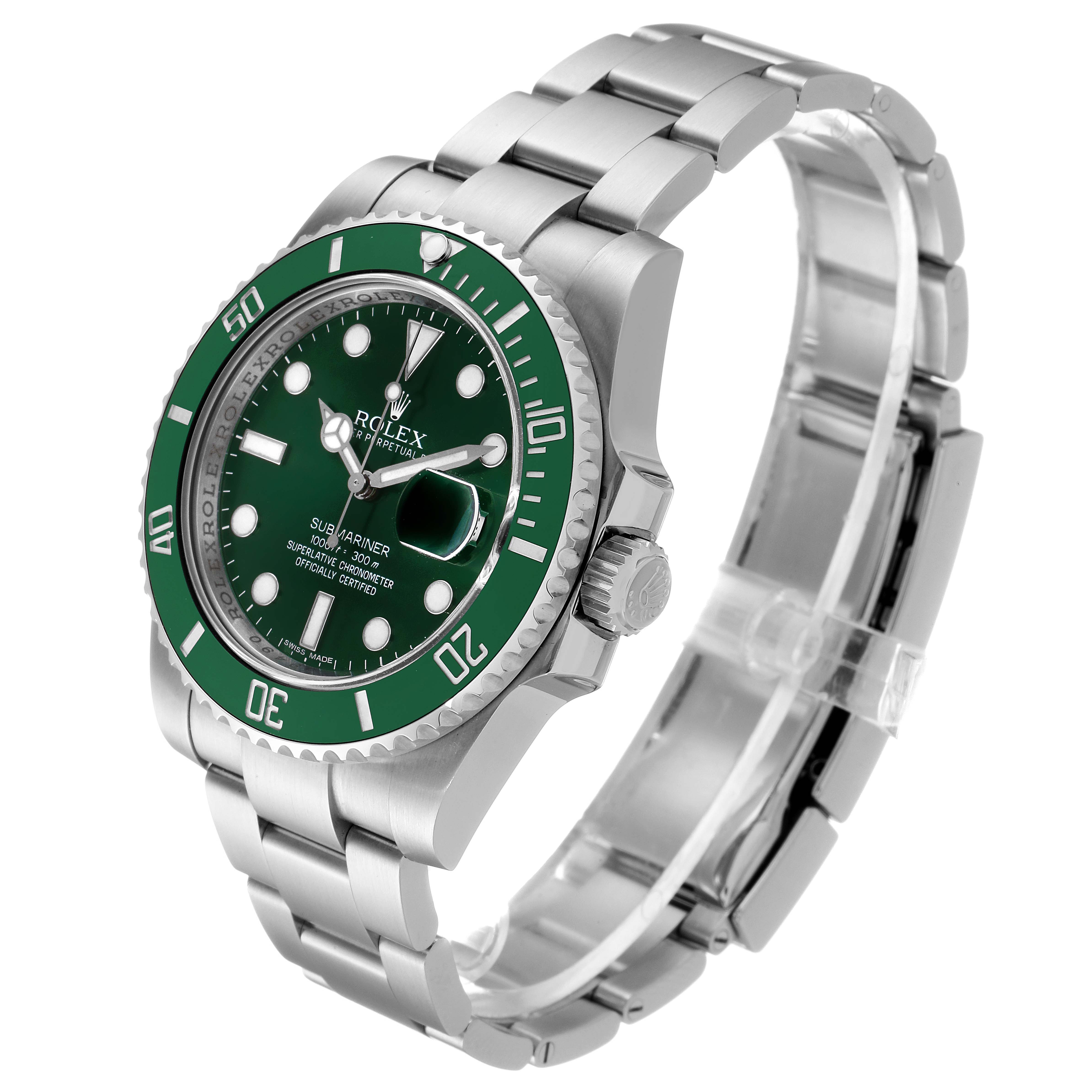 This image shows a Rolex Submariner 116610LV Men
s Stainless Steel Green Dial 116610LV Men
s Stainless Steel Green Dial watch from a left three-quarter angle, highlighting the dial, bezel, crown, and bracelet.